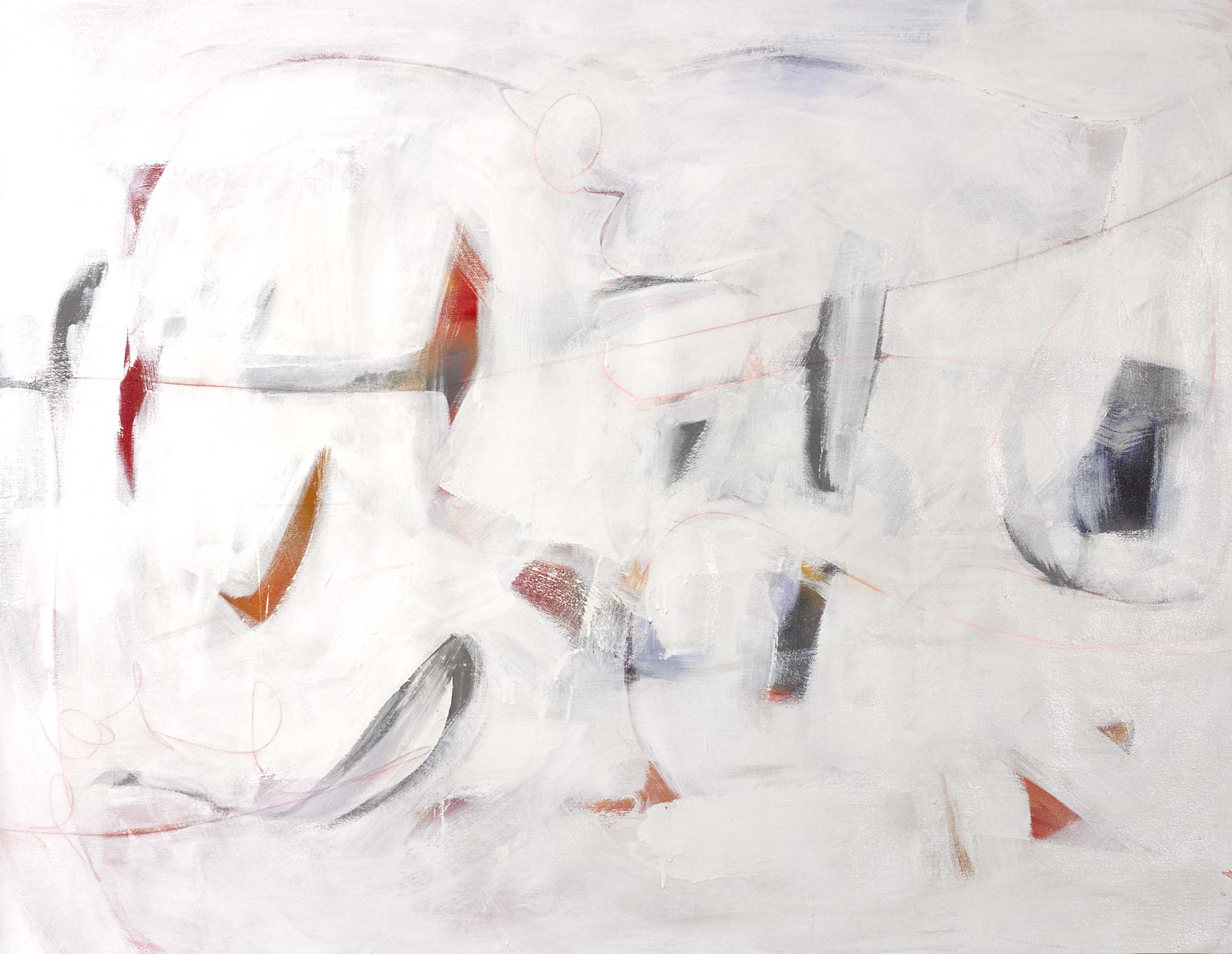 Airy abstract painting with white haze and accents of crimson, charcoal, and rust, featuring delicate lines and ghostly forms.