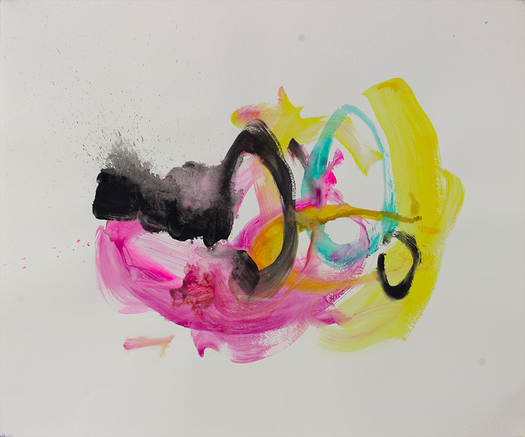 Dynamic abstract painting with black clouds and arcs of yellow, pink, and turquoise in motion.