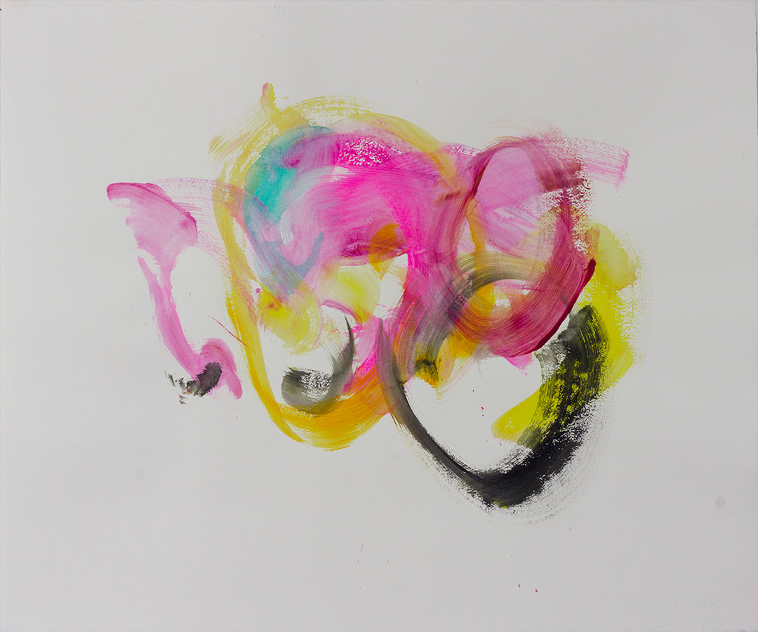 Vivid abstract painting with magenta, turquoise, gold, and black swirls full of energy and motion.