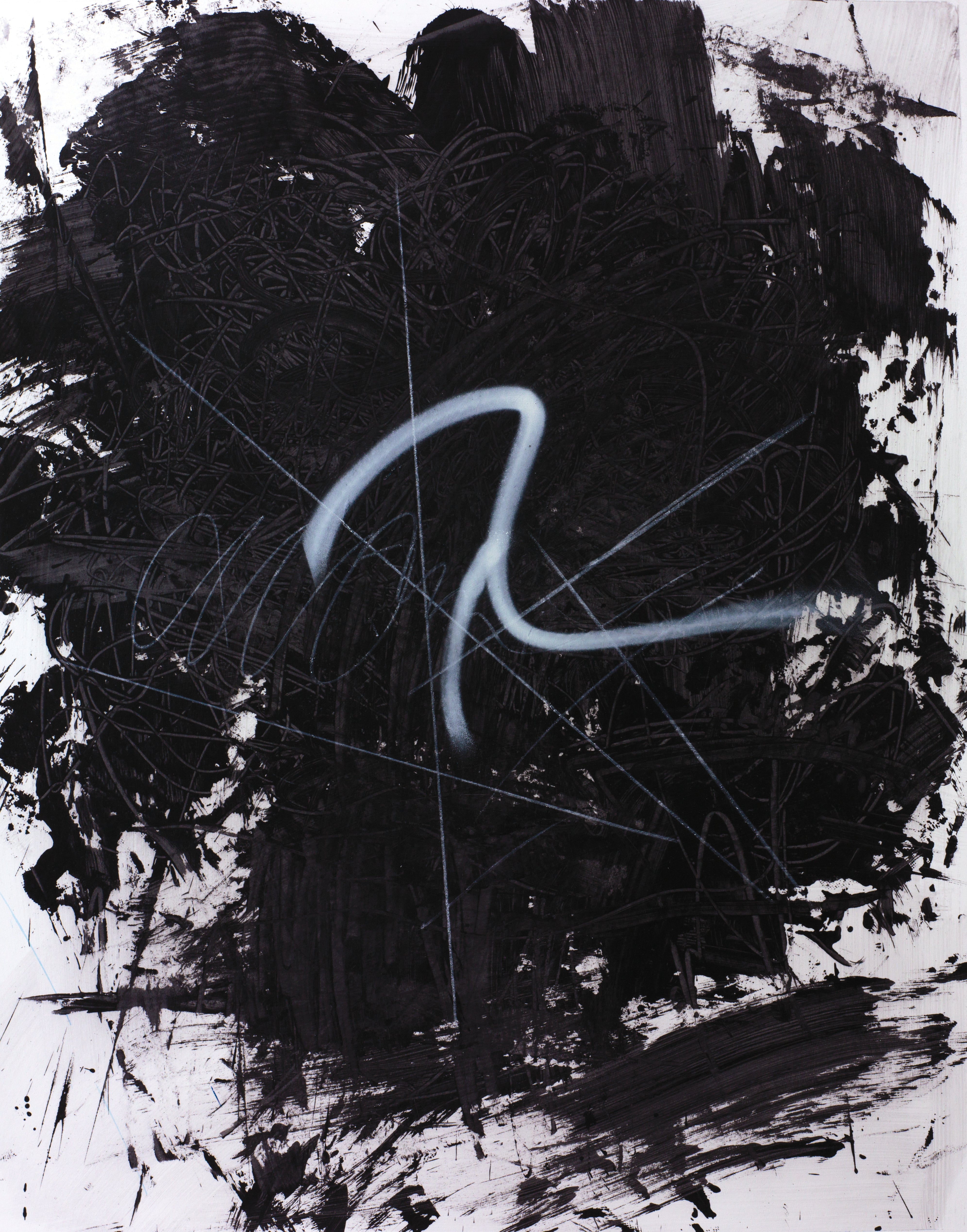 Dark abstract painting with black scribbles and a pale curved line cutting through shadow, evoking tension and emotion.