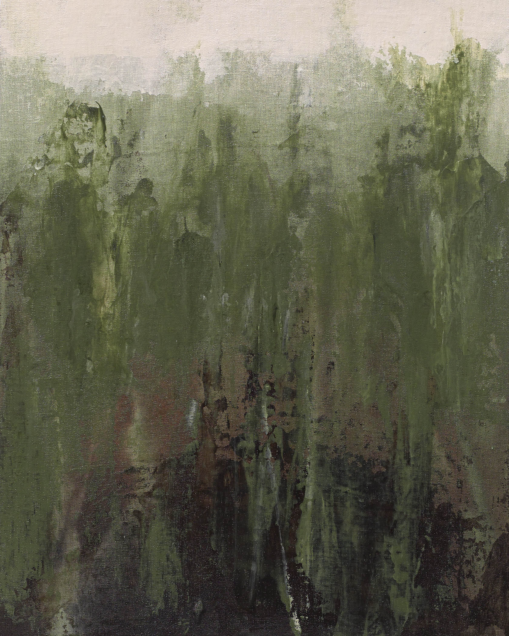 Atmospheric abstract art with olive and shadow green tones, textured surface, and moody layered depth.