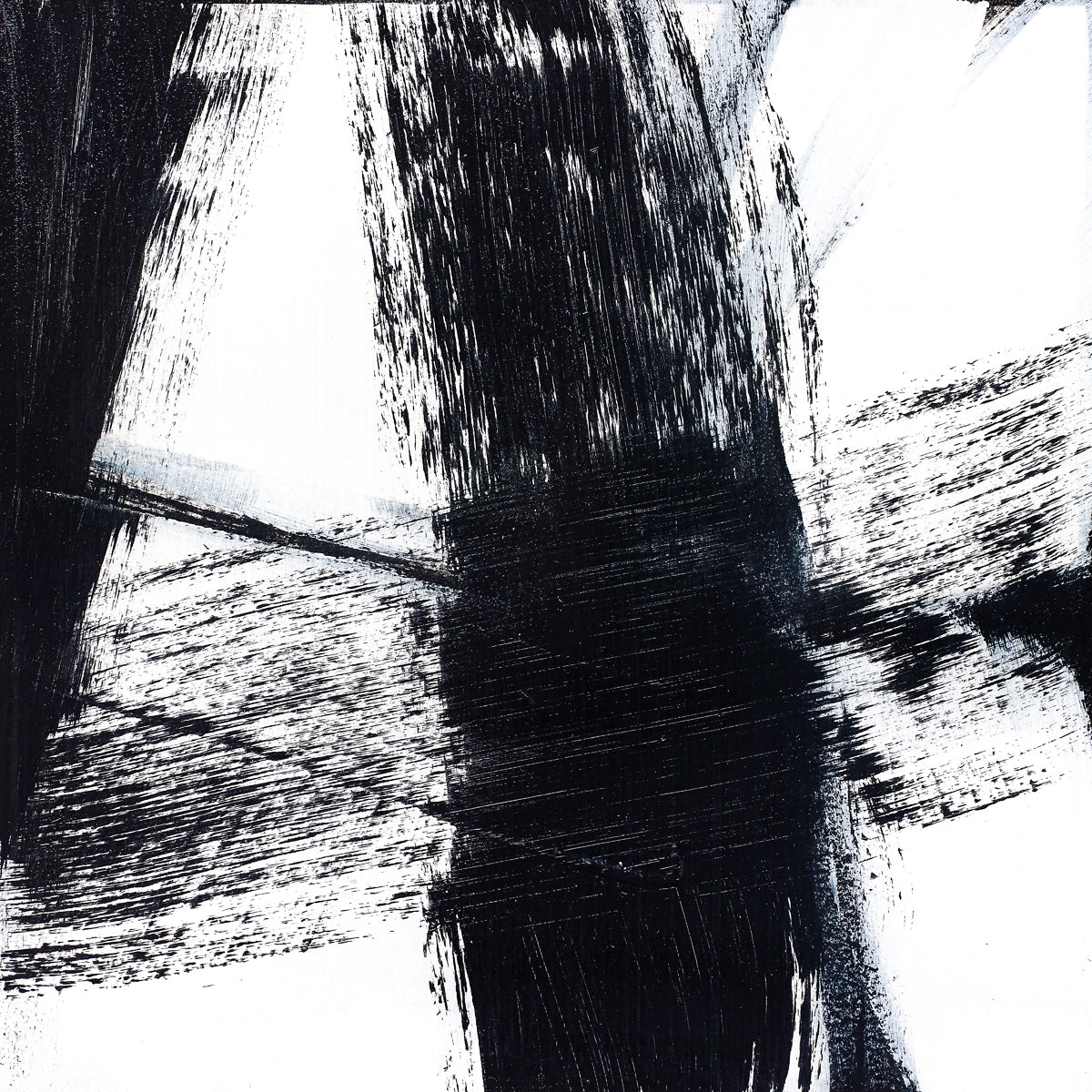 Black and white abstract painting with ragged brushstrokes slashing across a stark surface, evoking raw texture, motion, and tension.