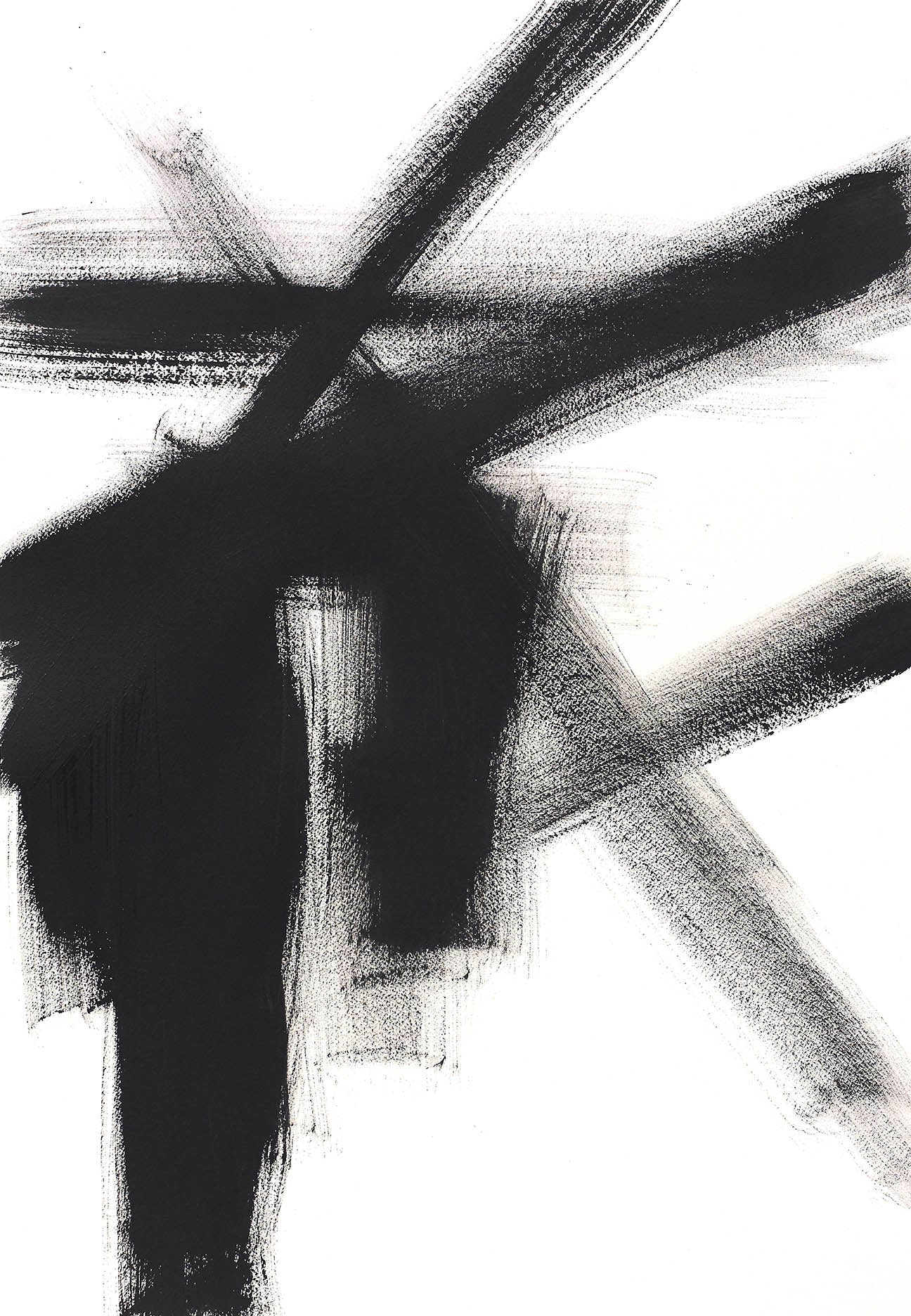 Architectural abstract painting with bold black strokes intersecting on a white background.