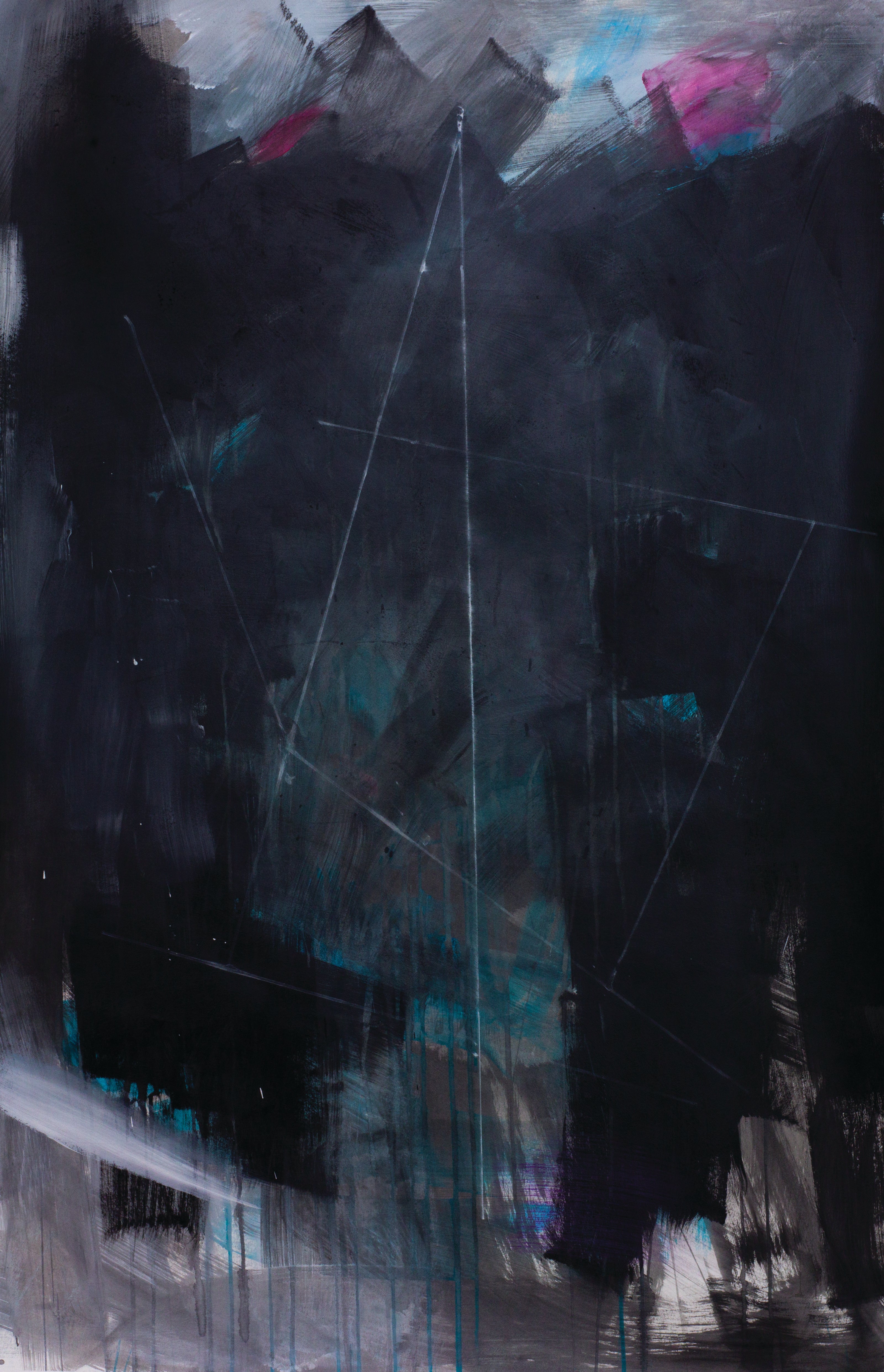 Celestial abstract painting with black, magenta, and teal tones, evoking constellations, space, and quiet mystery.