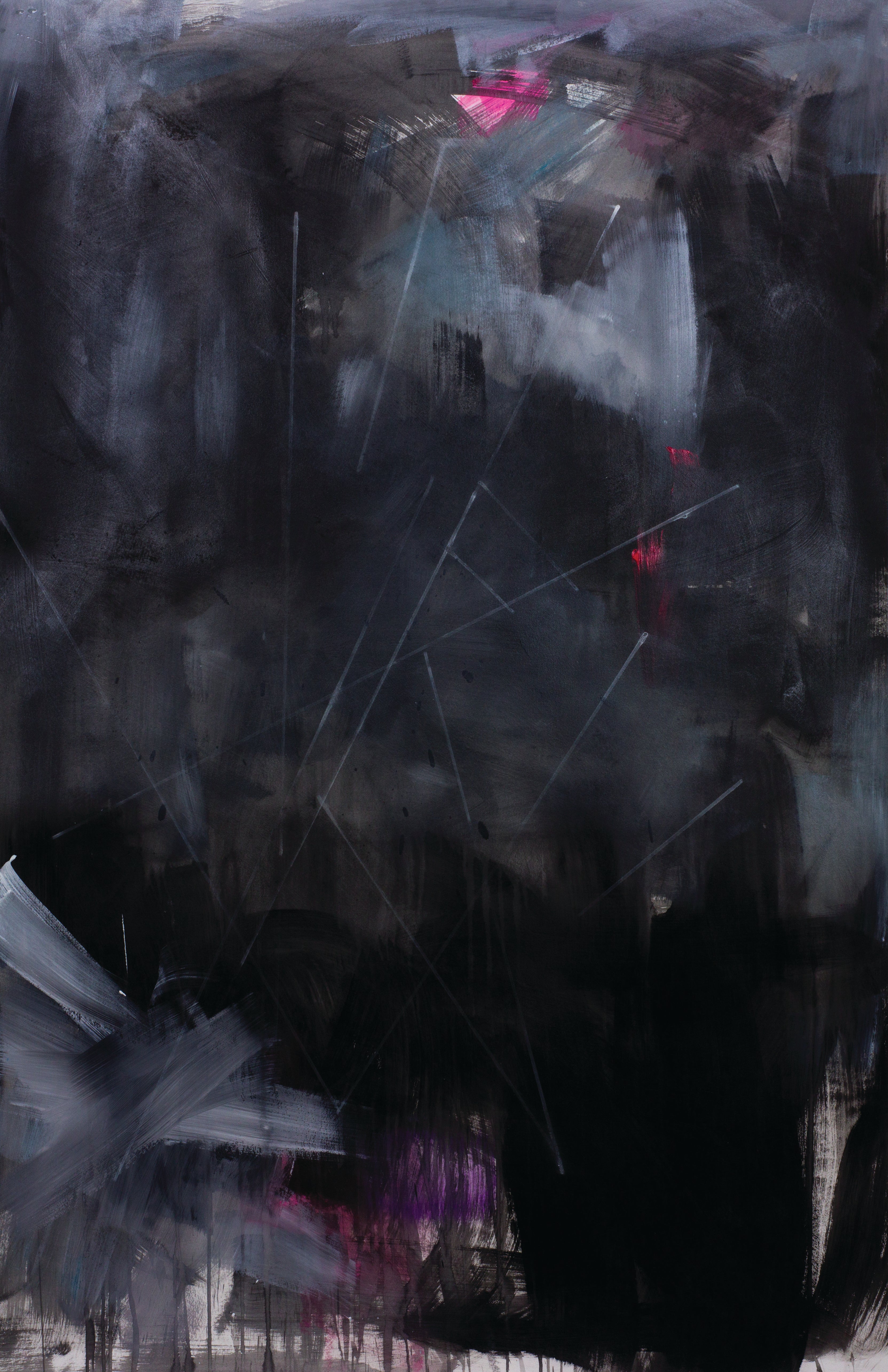 Cosmic abstract artwork with indigo, charcoal, and crimson tones, evoking constellations and quiet cosmic light.