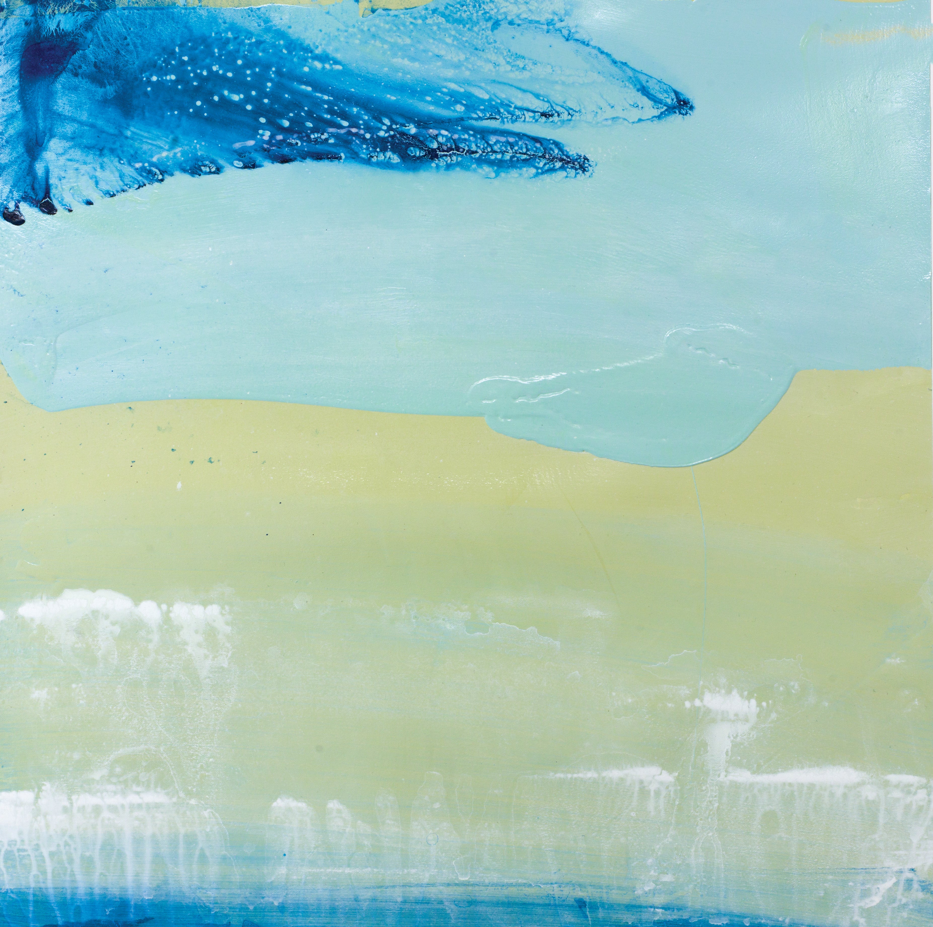 Minimalist coastal abstract art with seafoam and sand tones beneath an inky blue wave-like form against a soft, open background.