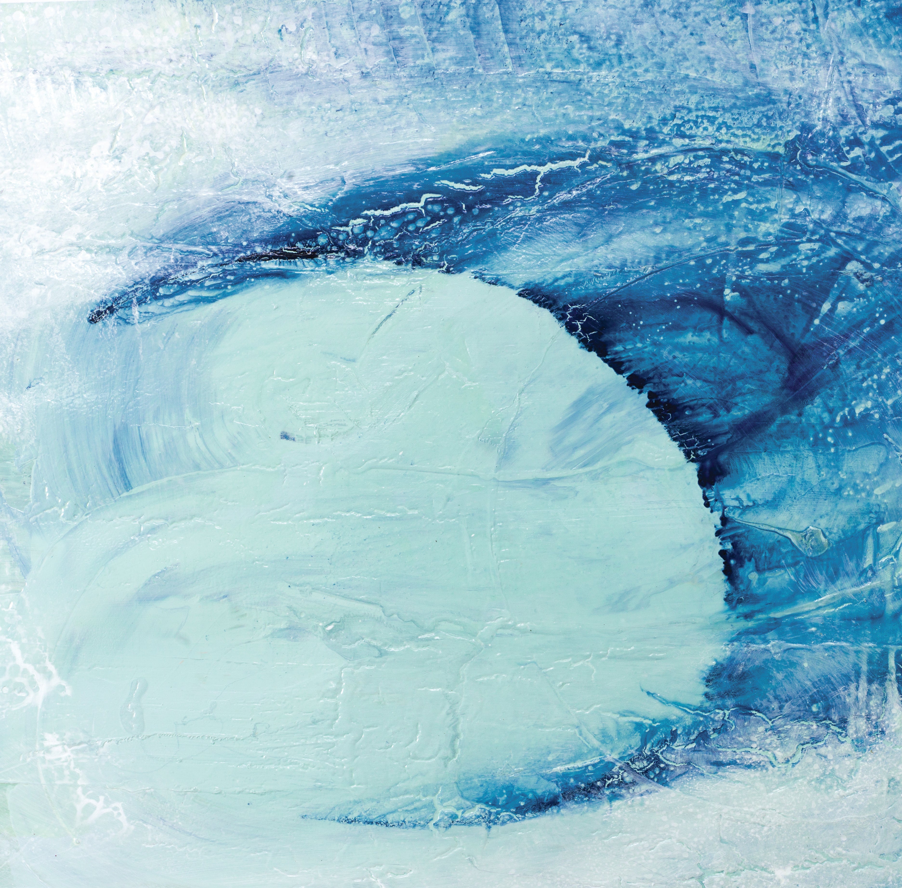Abstract seascape art with an icy turquoise form curling into a deep indigo wave, textured like cracked ice or moving water.