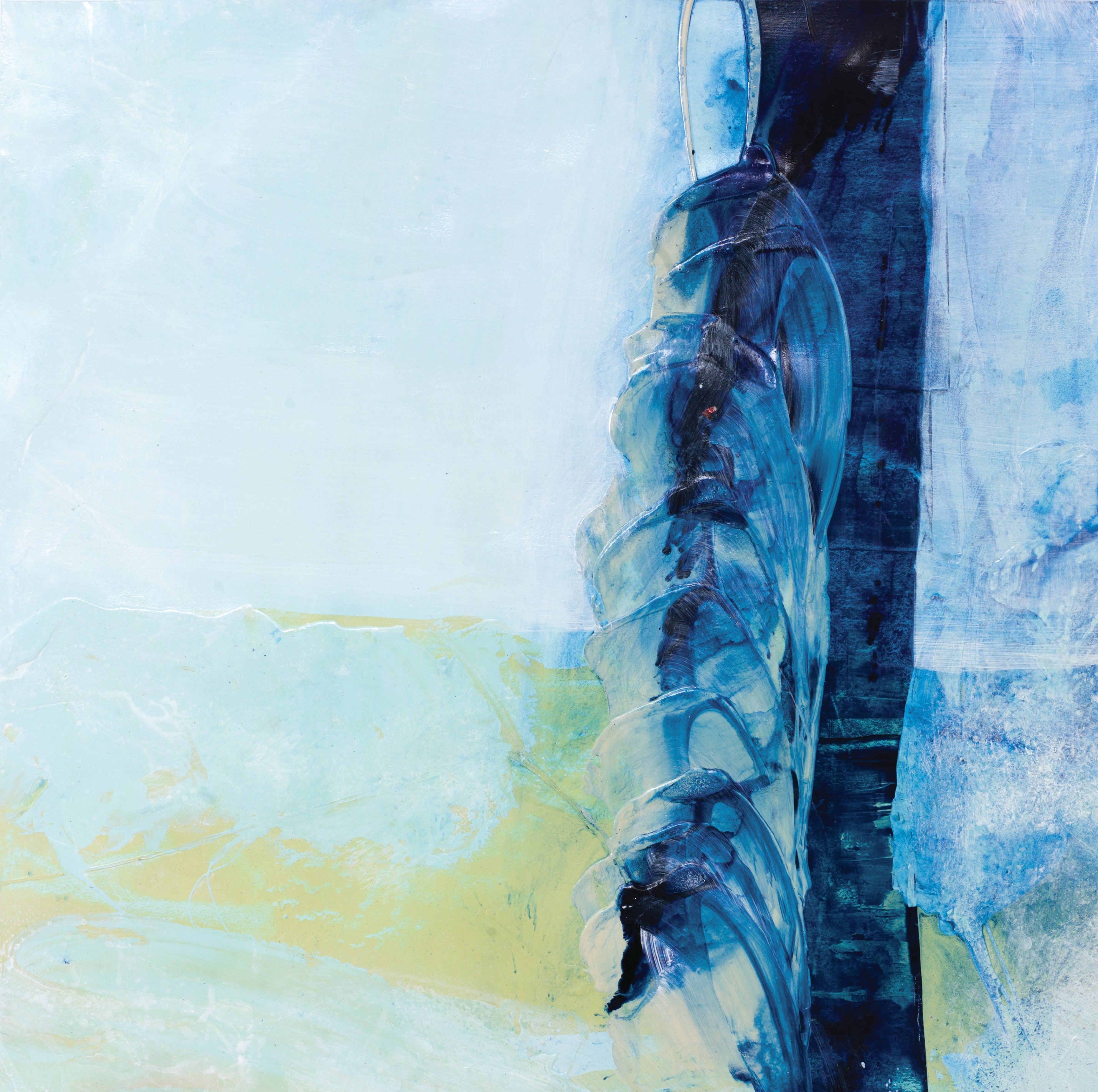 Abstract coastal art with a vertical swirling blue form rising against a pale coastal background, evoking a shell-like or architectural shape.