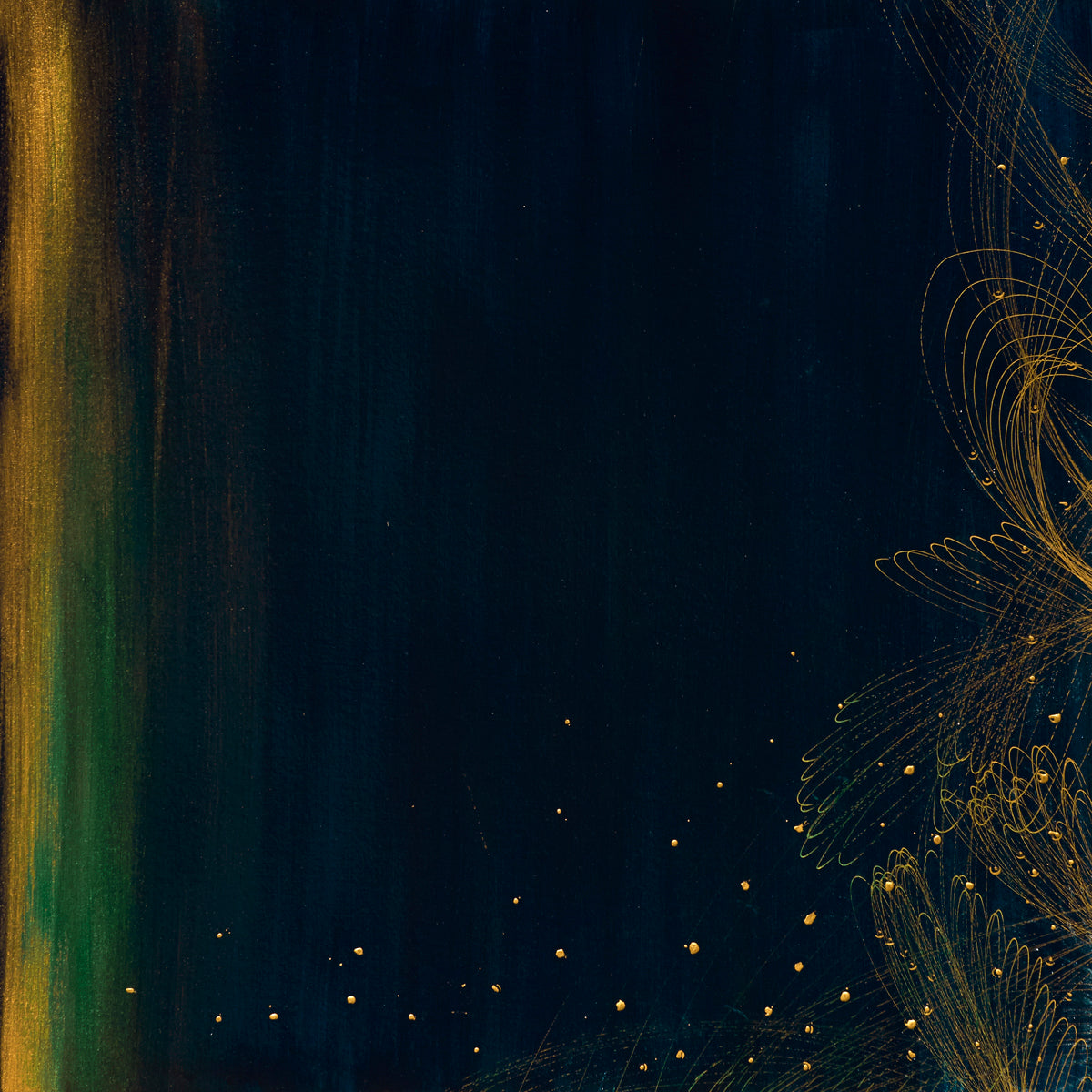 Mystical abstract painting with indigo background, gold shimmer, and delicate golden filigree.