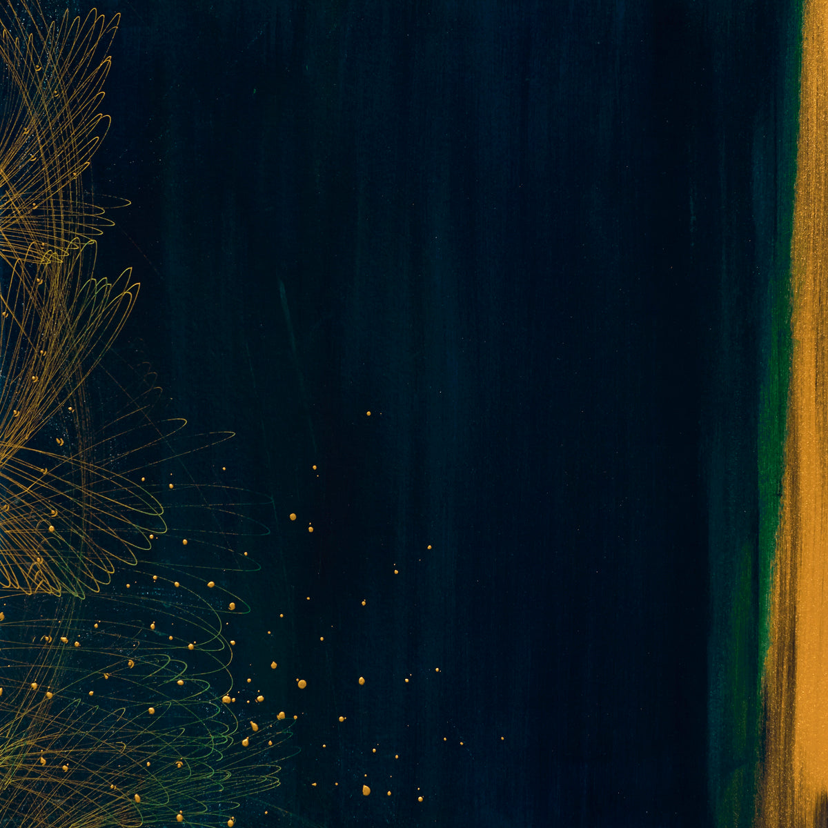 Celestial gold abstract with glowing golden spirals rising through deep midnight blue.