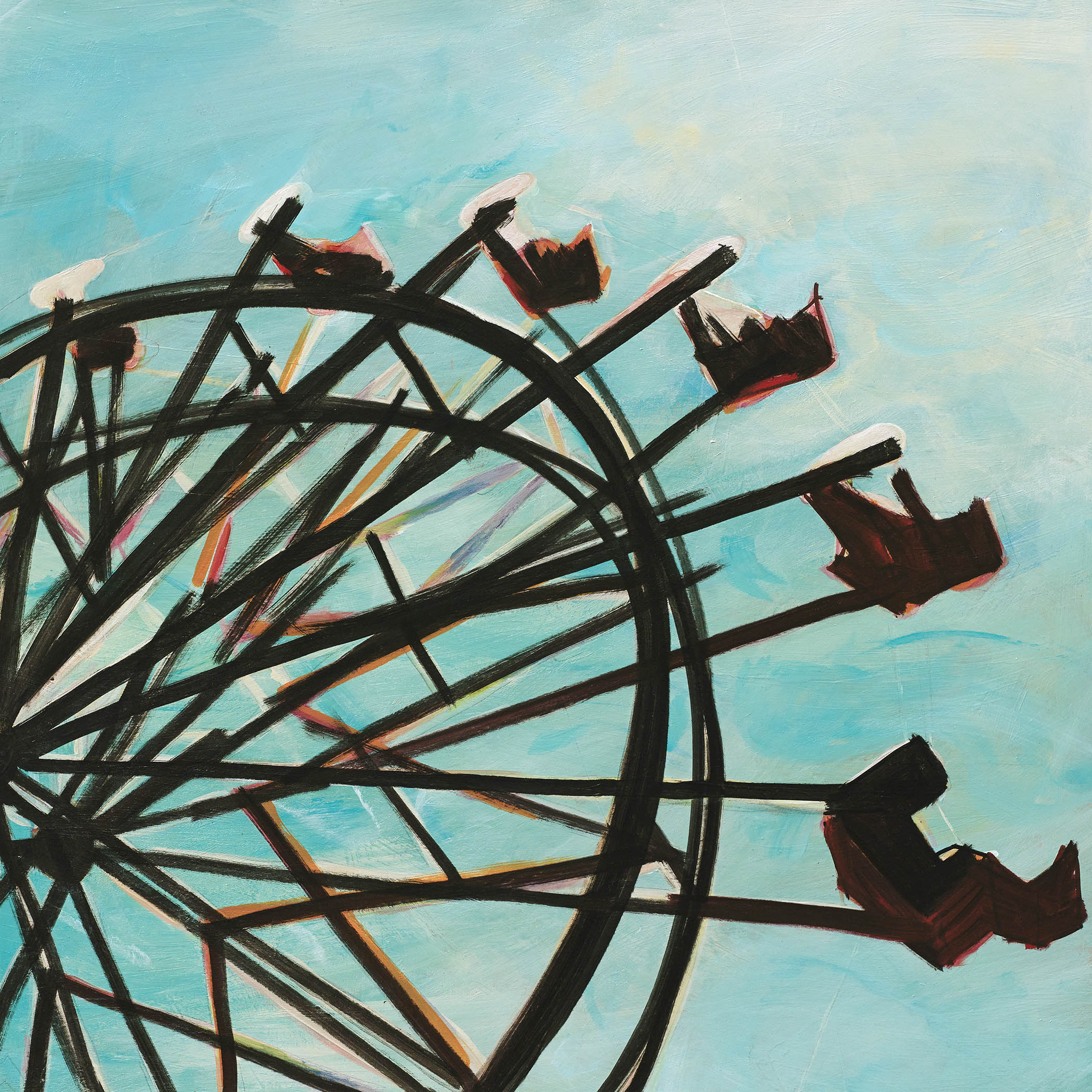 Abstract ferris wheel silhouette cutting across a turquoise sky with bold dark strokes capturing motion, tension, and playful energy.