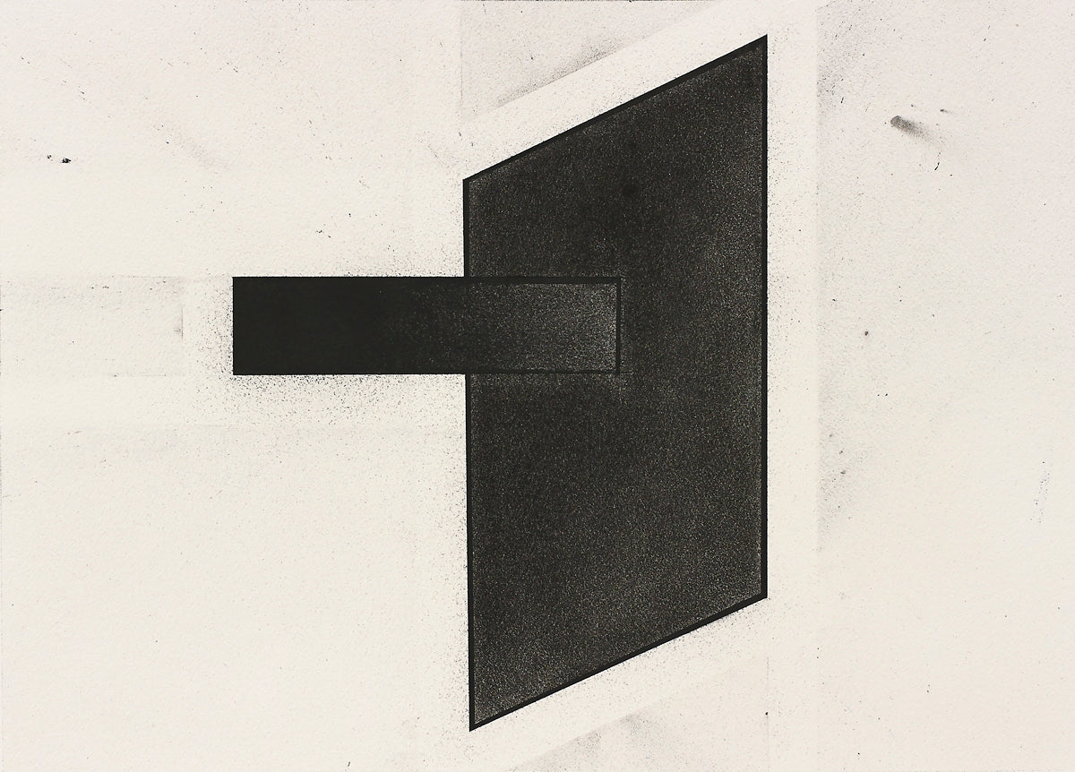 Minimal abstract painting with a solid black form over a misted white field, evoking industrial design, restraint, and enigmatic contrast.