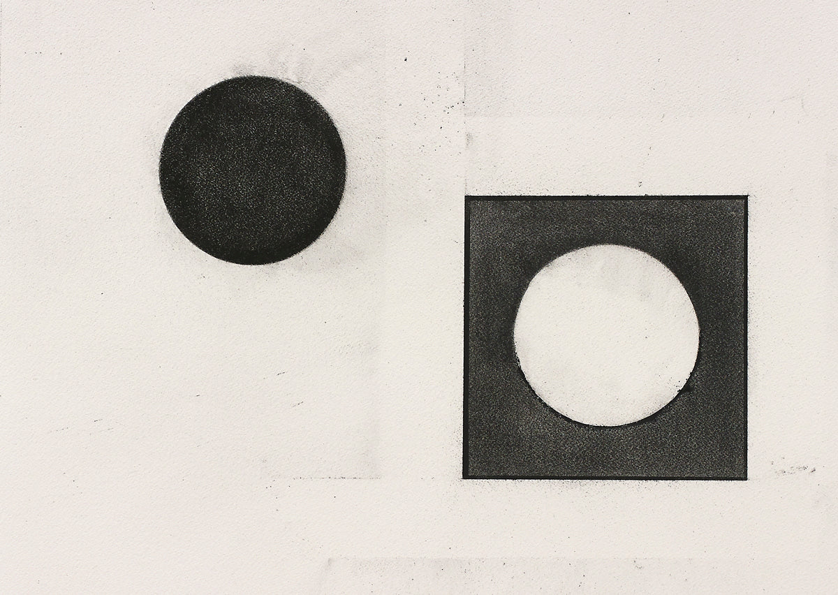 Minimalist diptych painting with a black circle and an inverse pale void in a dark square, evoking balance, duality, and minimalist presence.