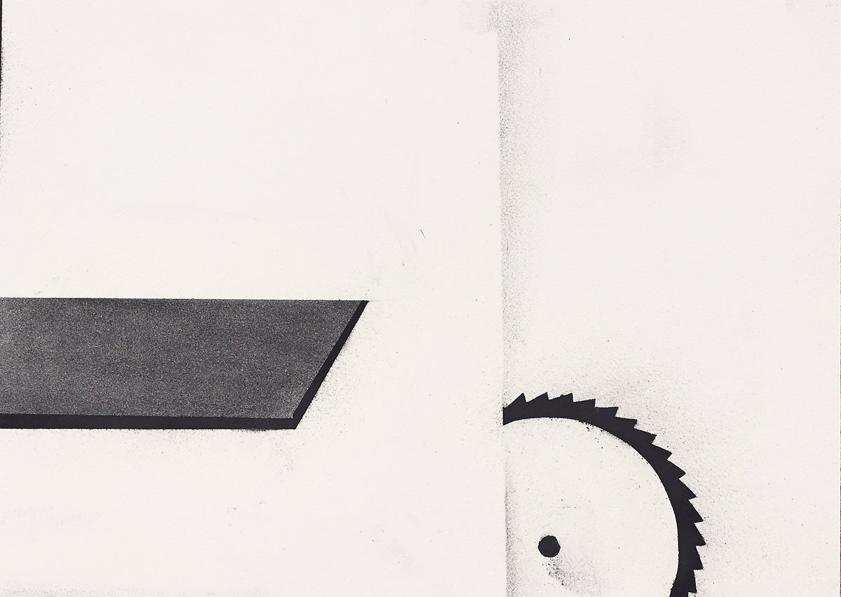 Geometric abstract painting with jagged sawblade motif in grayscale, blending industrial menace, sharp geometry, and minimalist tension.