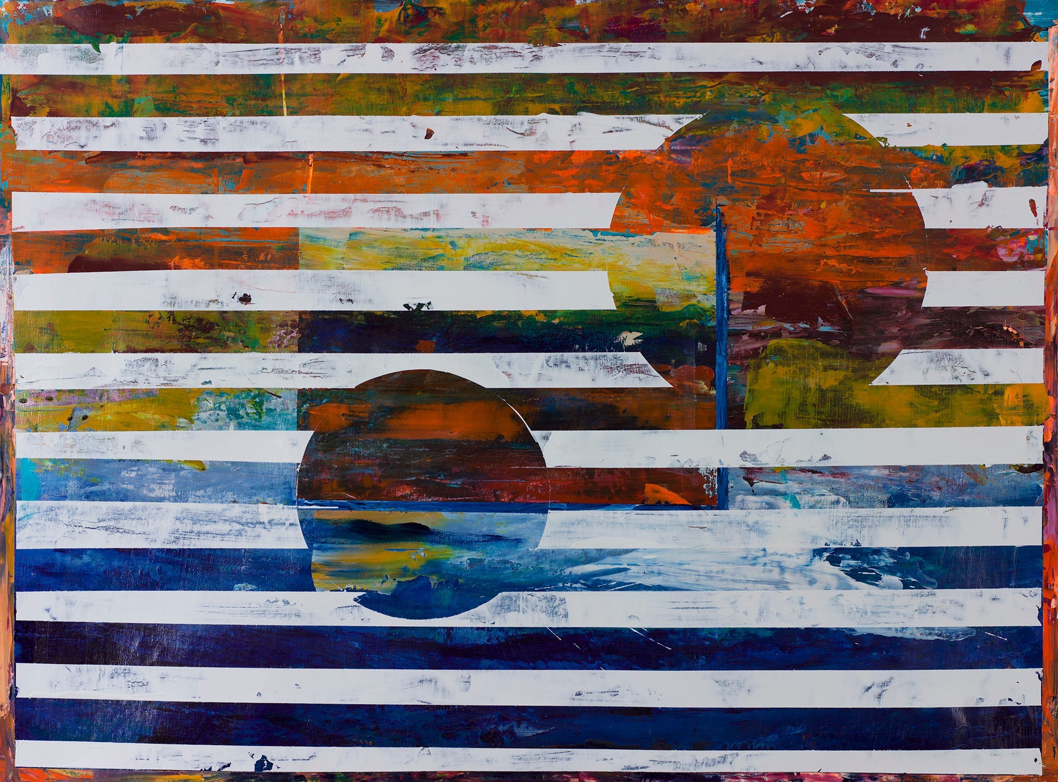 Cosmic abstract painting with bold white stripes and hidden moons amid rust, cobalt, and ochre tones, evoking rhythm and mystery.