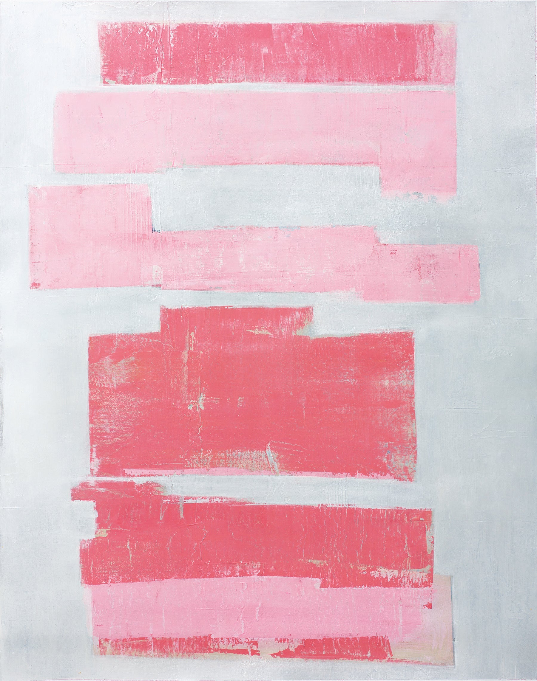 Abstract painting with rose and blush bands stacked on a pale icy backdrop, textured and restrained, evoking memory and layered light.