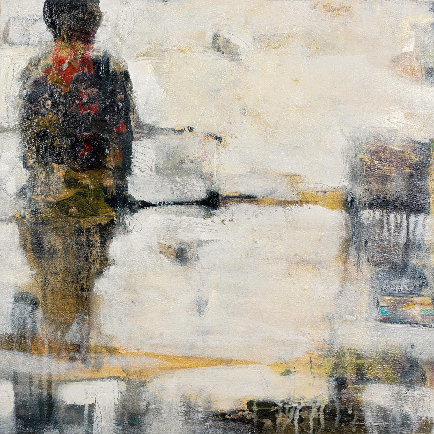 Haunting abstract portrait with pale ivory texture and crimson accents, evoking fragility, memory, and atmosphere.