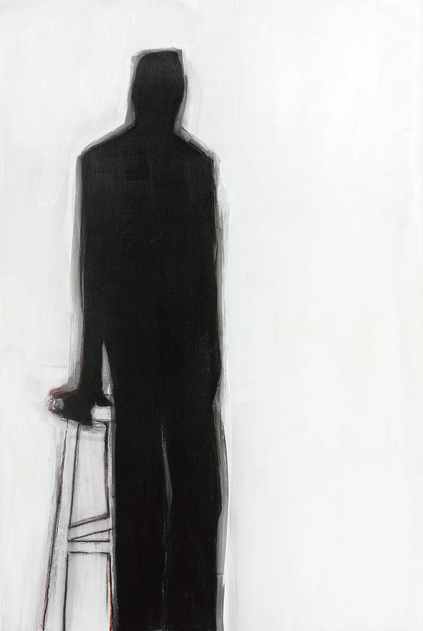 Stark black silhouette of a faceless figure resting a hand on a thin stool against a pale, minimal background.