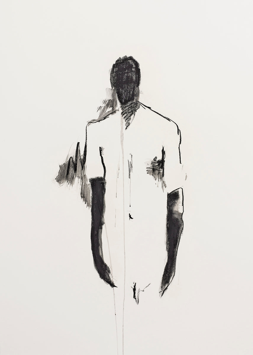 Charcoal abstract portrait with stark lines and blurred, dissolving edges on white space.