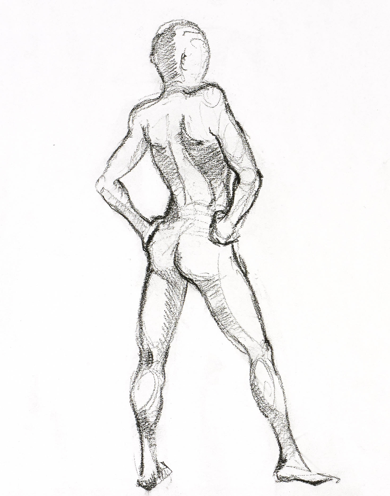 Confident back-facing figure drawn in textured charcoal lines, capturing strength, tension, and sculptural elegance.