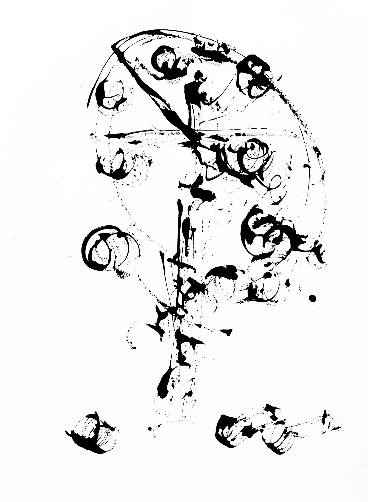 Abstract ink drawing with swirling loops and splatters forming a dynamic, motion-filled composition.