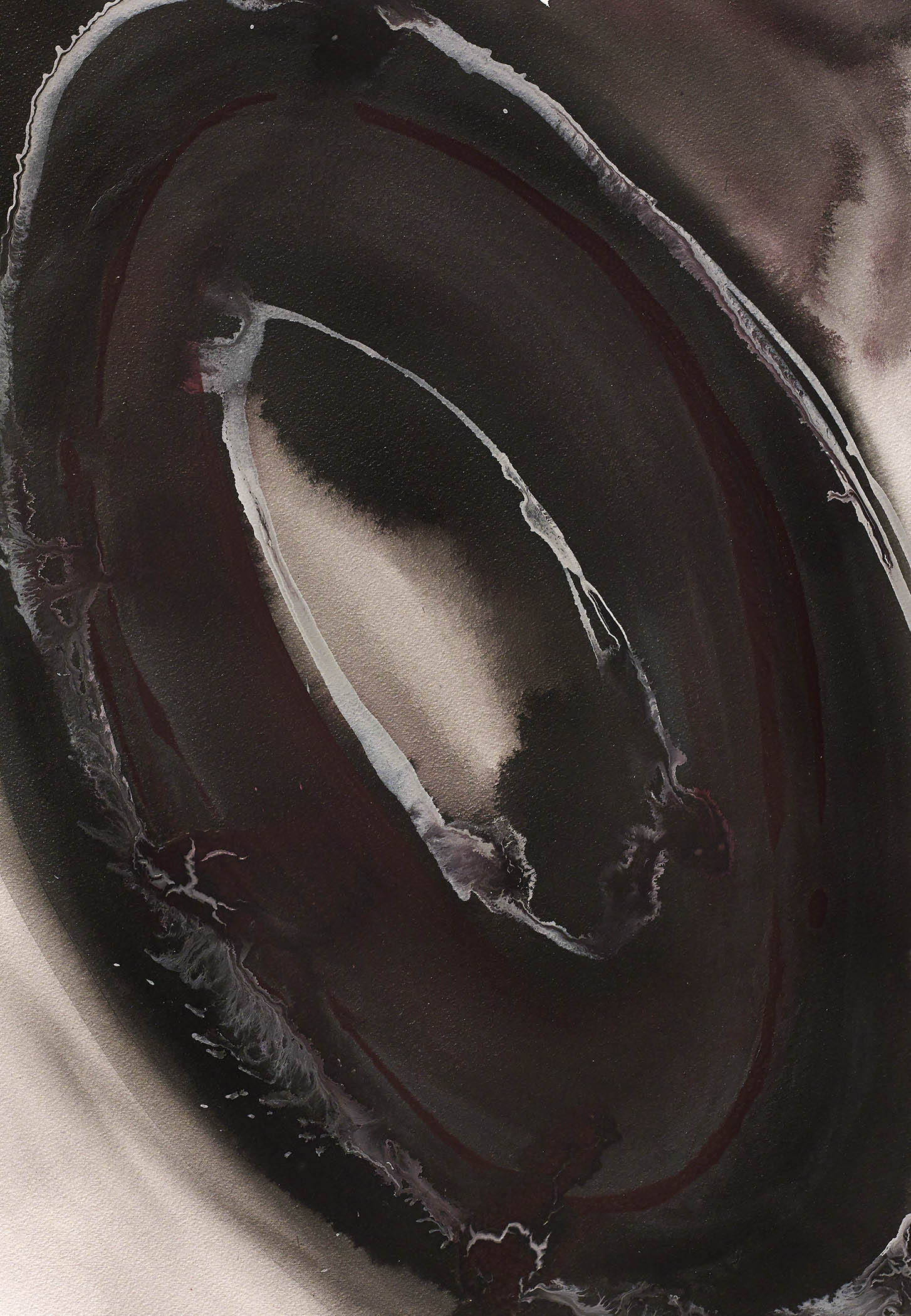 Geode abstract painting with maroon and black rings around a pale glowing core, evoking depth, mystery, and quiet intensity.