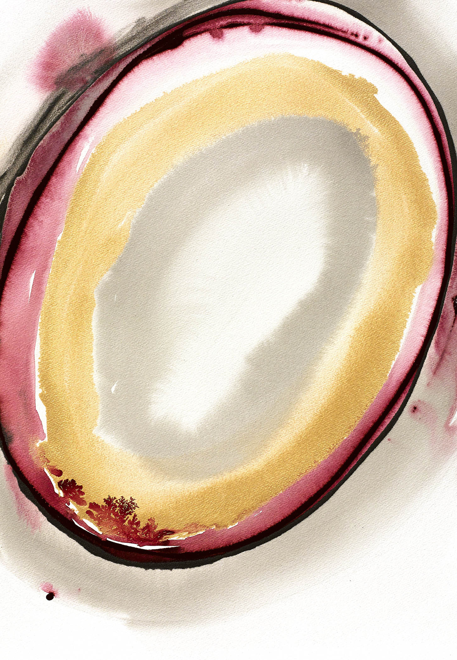 Watercolor geode painting with glowing rings of amber, rose, and gray, accented by fiery mineral blooms suggesting hidden life.