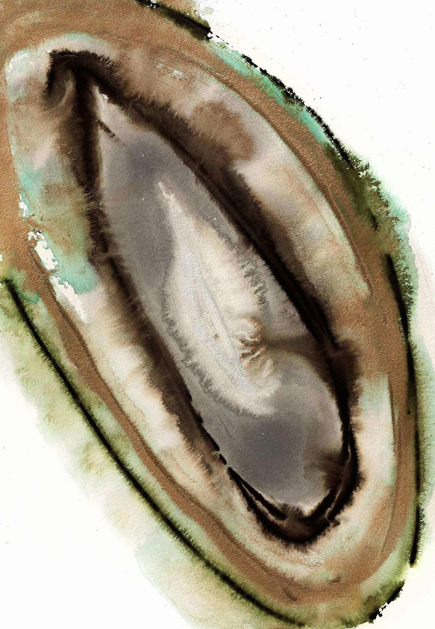 Mineral abstract painting with earthy bands of brown, sage, and black spiraling around a smoky gray core, evoking organic serenity.