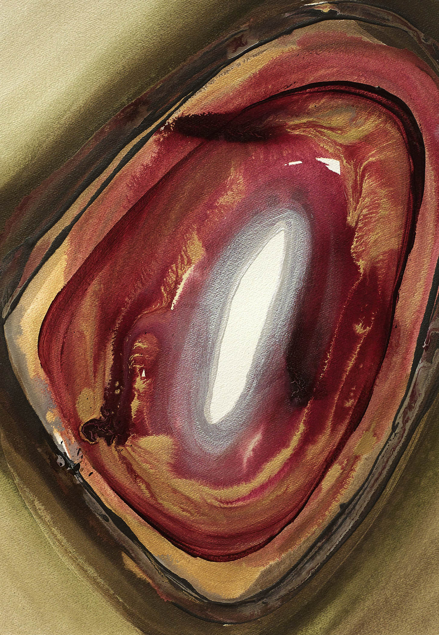 Gemstone abstract painting with crimson core and ochre, olive rings, evoking fiery mineral energy and geological depth.