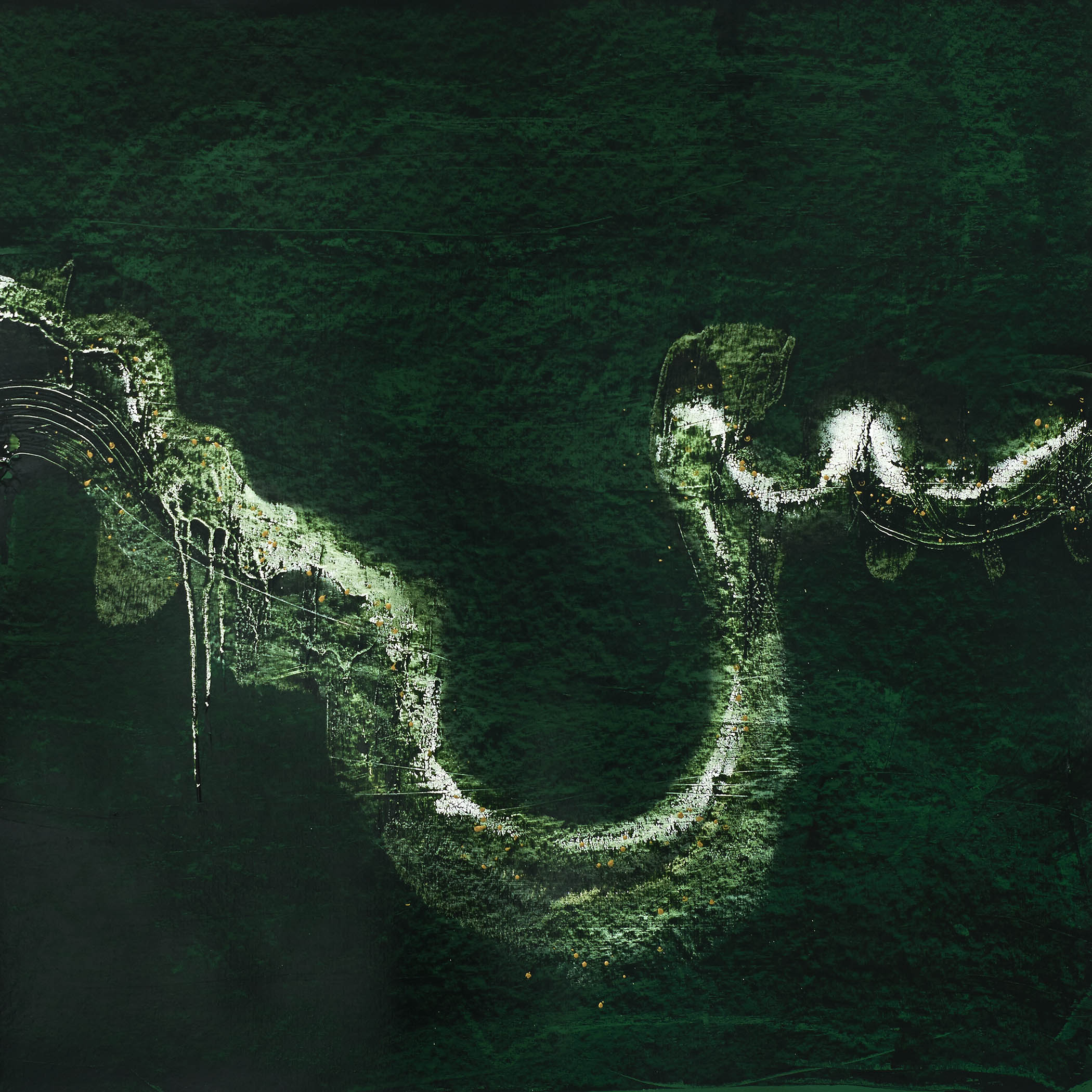 Emerald abstract artwork with a white serpentine form winding through deep green tones.