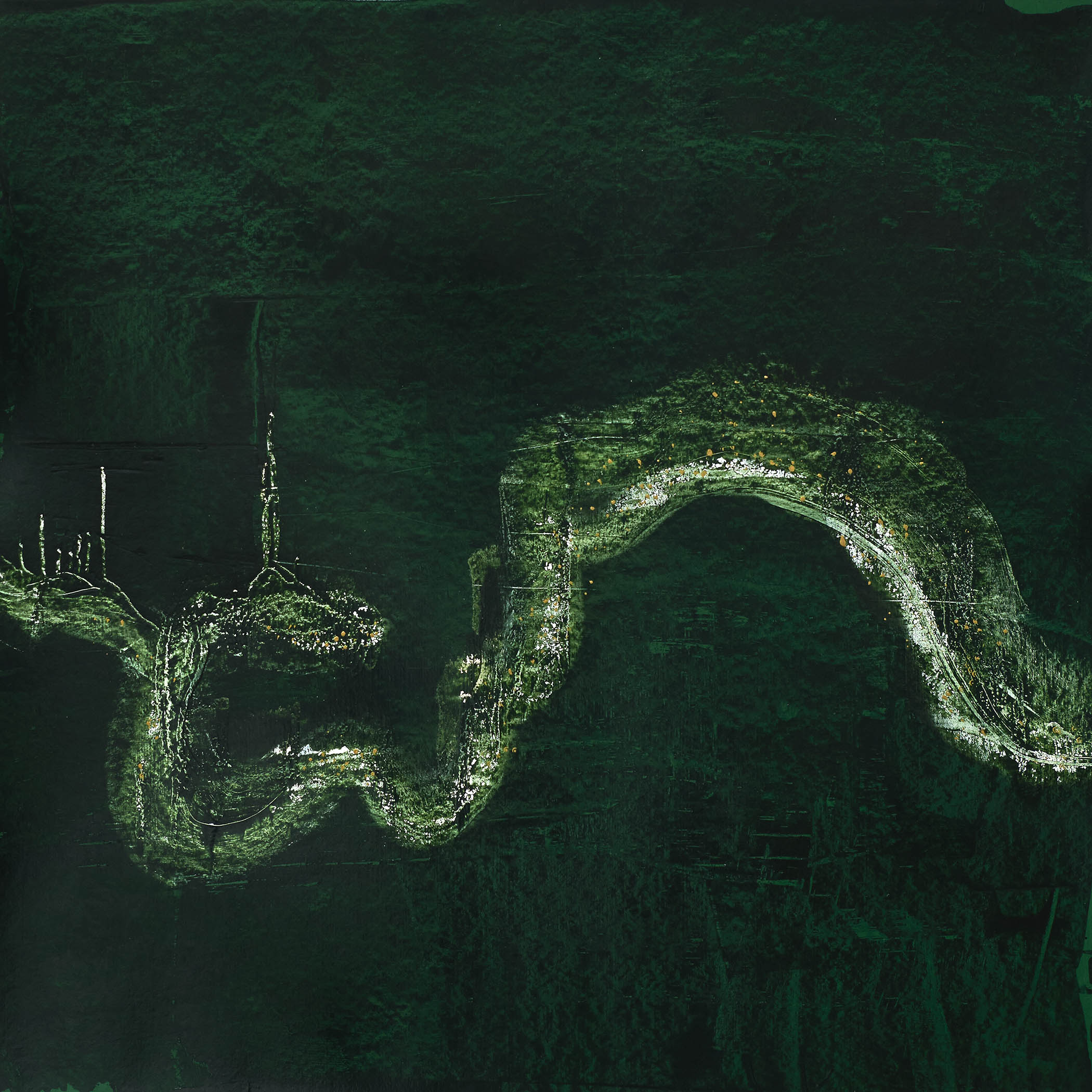 Green abstract landscape with a glowing white vein running through dense emerald texture.