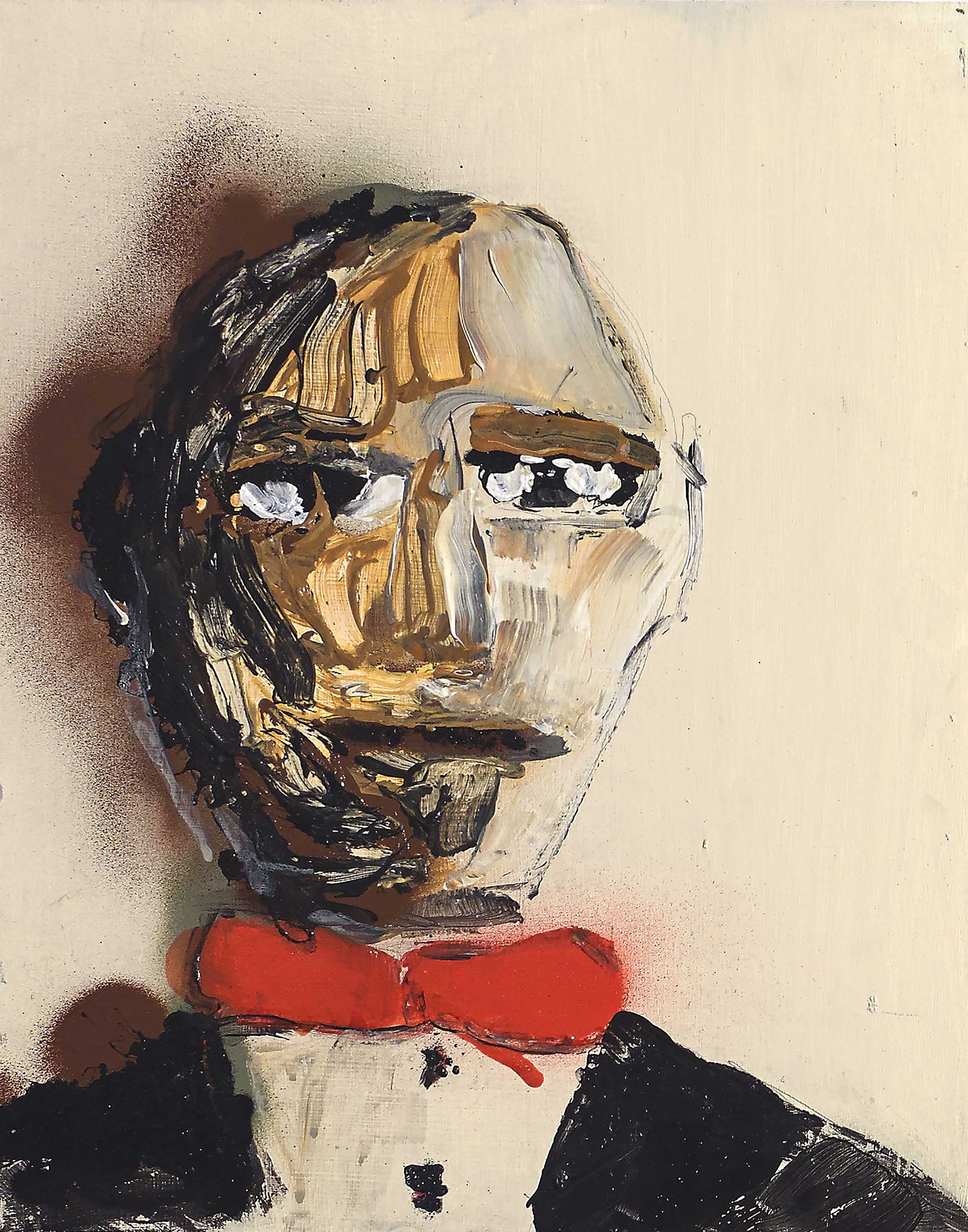 Abstract portrait painting with bold strokes of ochre, black, and bone with a red bowtie accent.