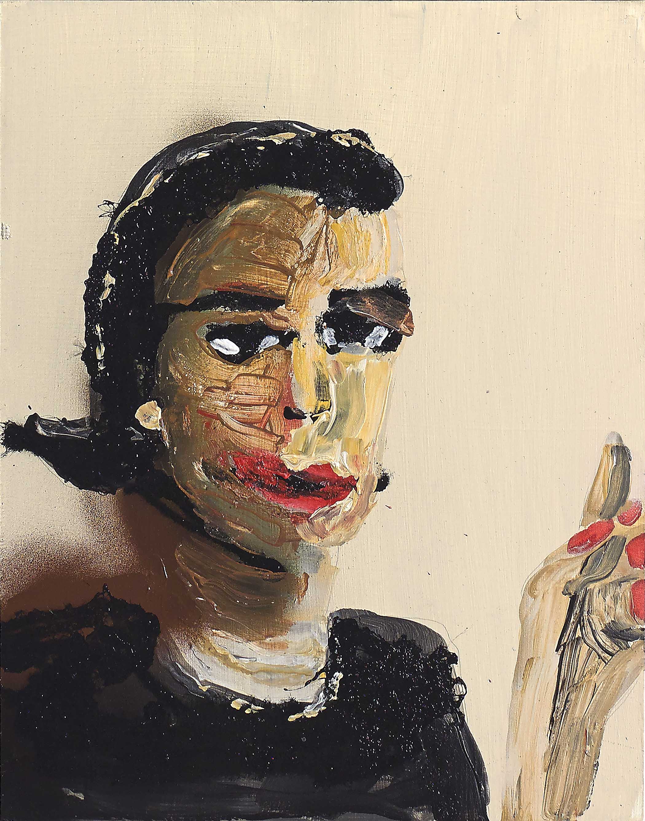 Bold figurative painting with red lips, raised brows, and expressive gesture painted in thick, raw strokes.