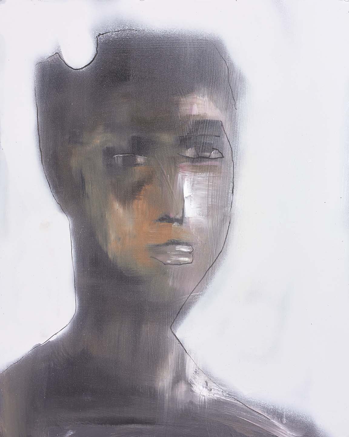 Emotive abstract portrait with shadowed figure and glowing eye, evoking quiet strength, loss, and haunting vulnerability.