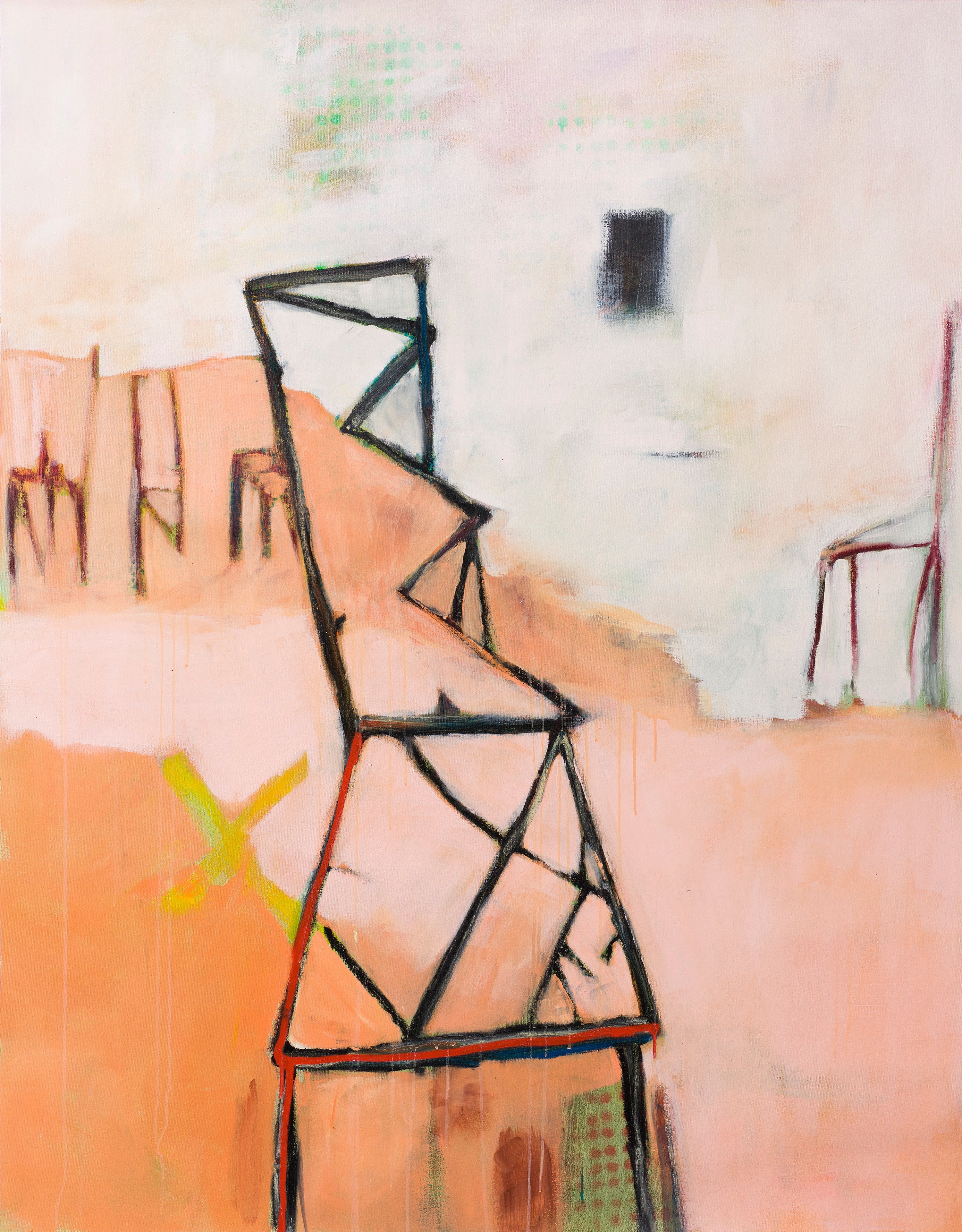 Contemporary abstract artwork featuring a geometric chair form on a hazy coral-pink background.