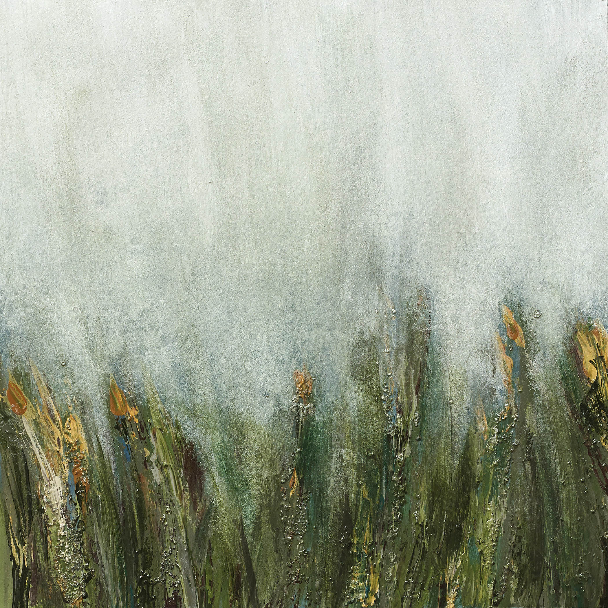 Layered botanical abstraction with golden petals and green stems emerging through haze, evoking texture, softness, and renewal.