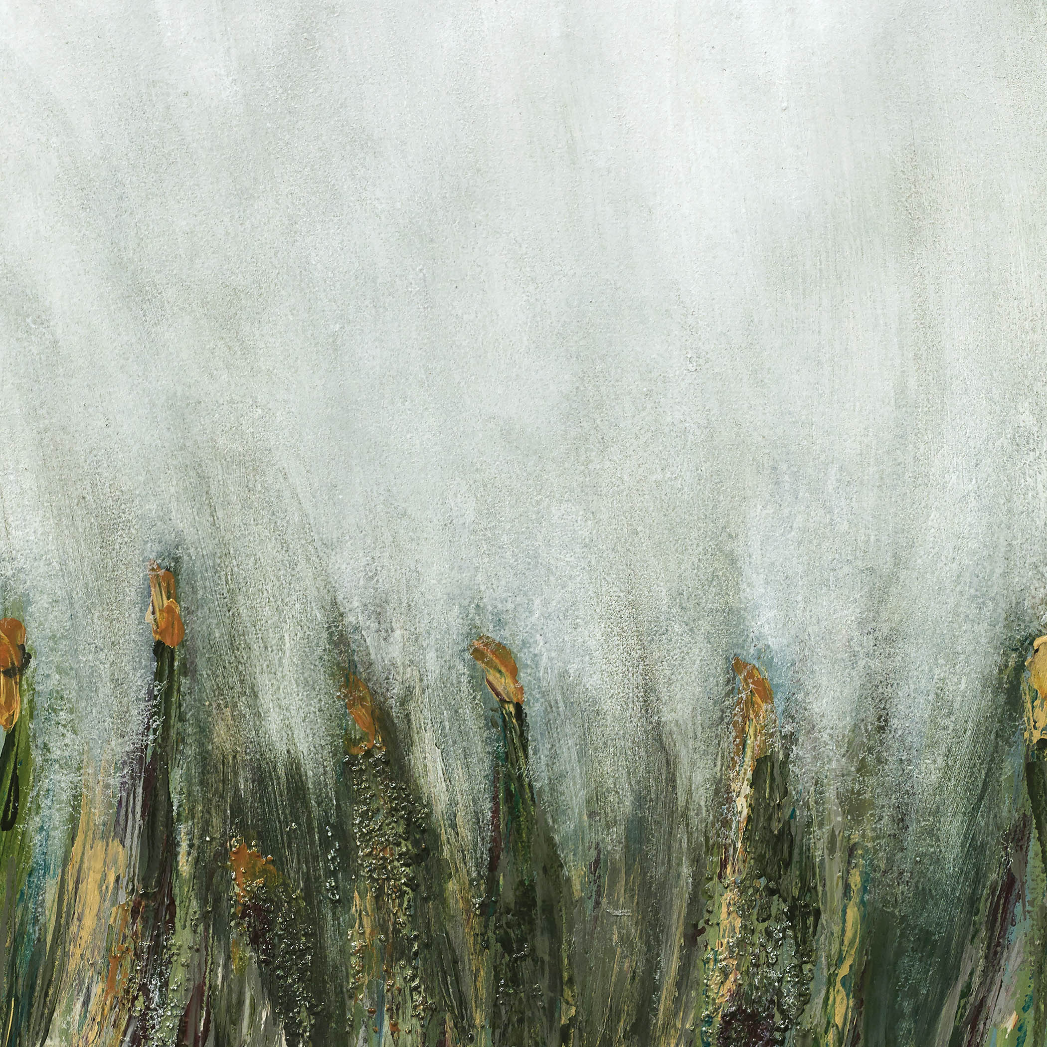 Organic bloom artwork with delicate orange buds and green stems emerging through textured mist, evoking softness and quiet resilience.
