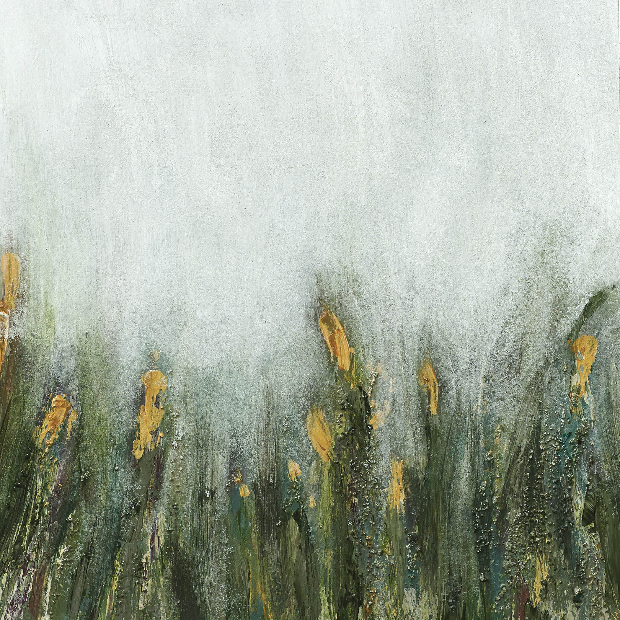 Atmospheric floral painting with golden blooms and green stems emerging through textured mist, evoking calm and natural serenity.