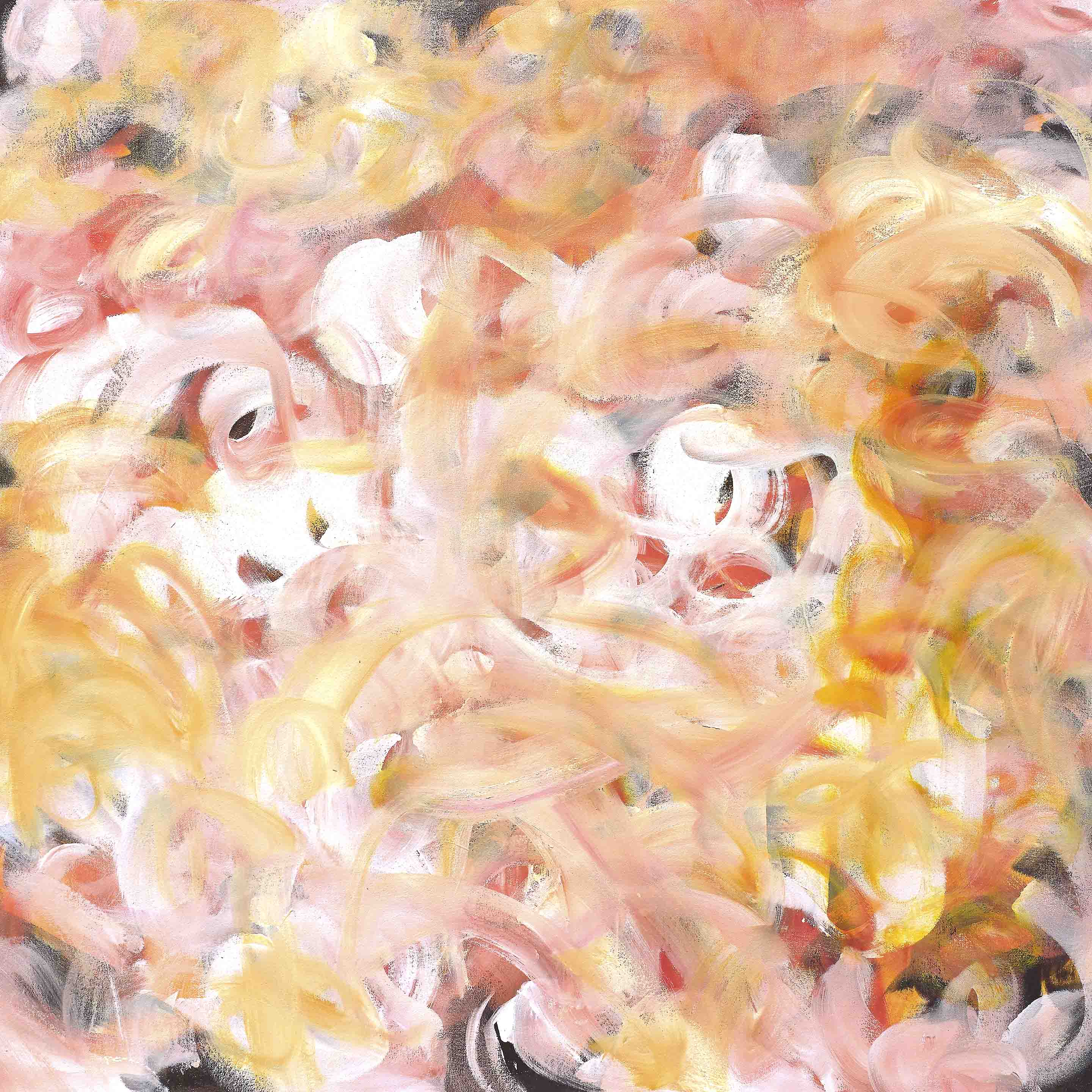 Playful pastel art with pink, yellow, and coral brushstrokes swirling in joyful rhythm, evoking laughter and sunshine.