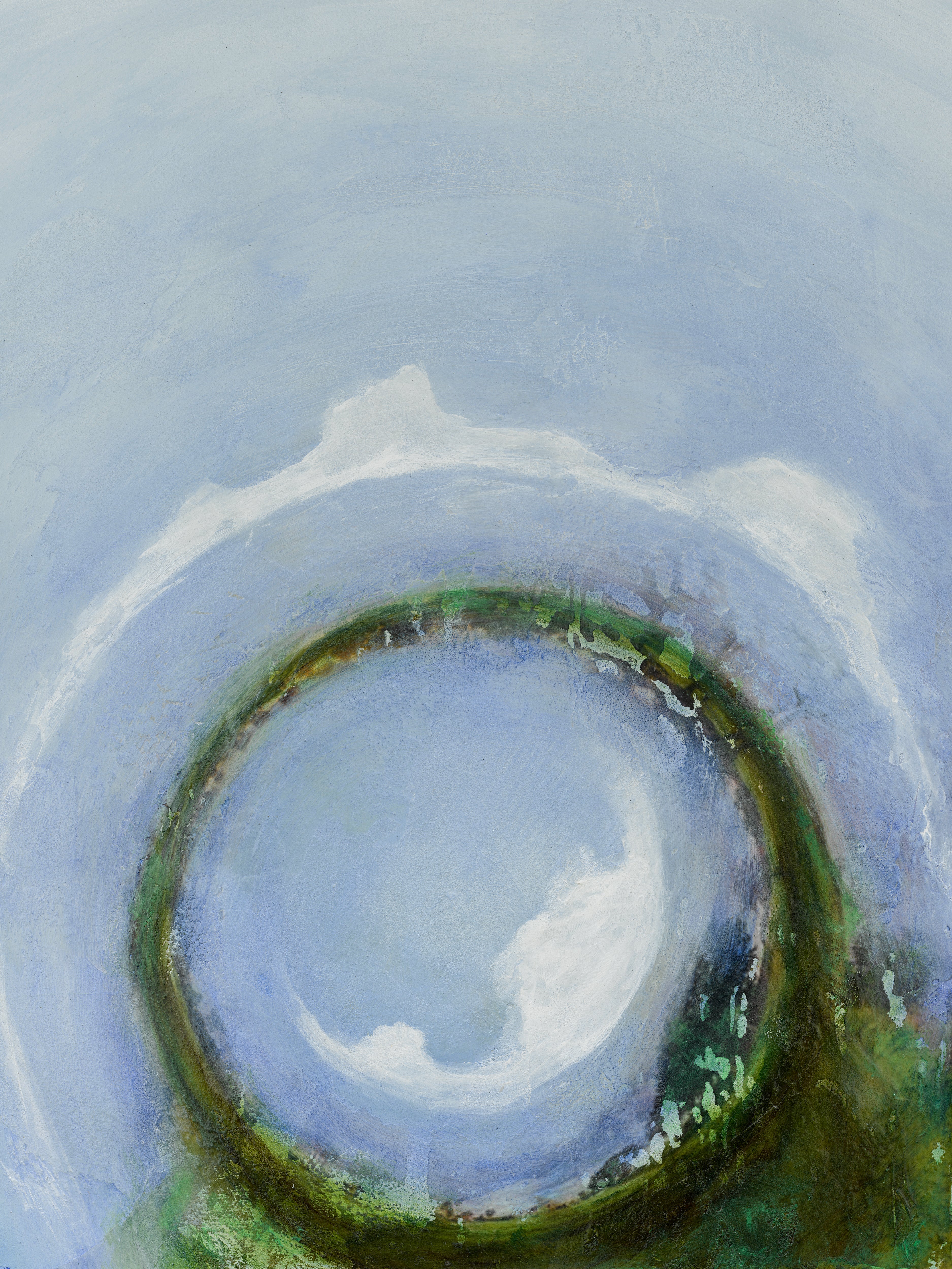 Cosmic abstract painting featuring green and blue tones encircled by soft white clouds.