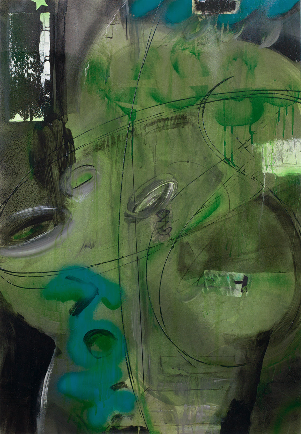 Dynamic abstract painting with deep greens, bold teal splashes, and expressive drips, evoking raw, street-inspired energy.