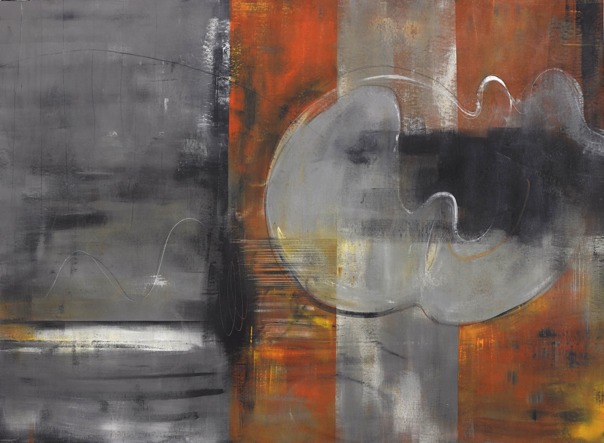 Industrial organic abstract with charcoal gray, burnt orange, and white accents in layered textures.