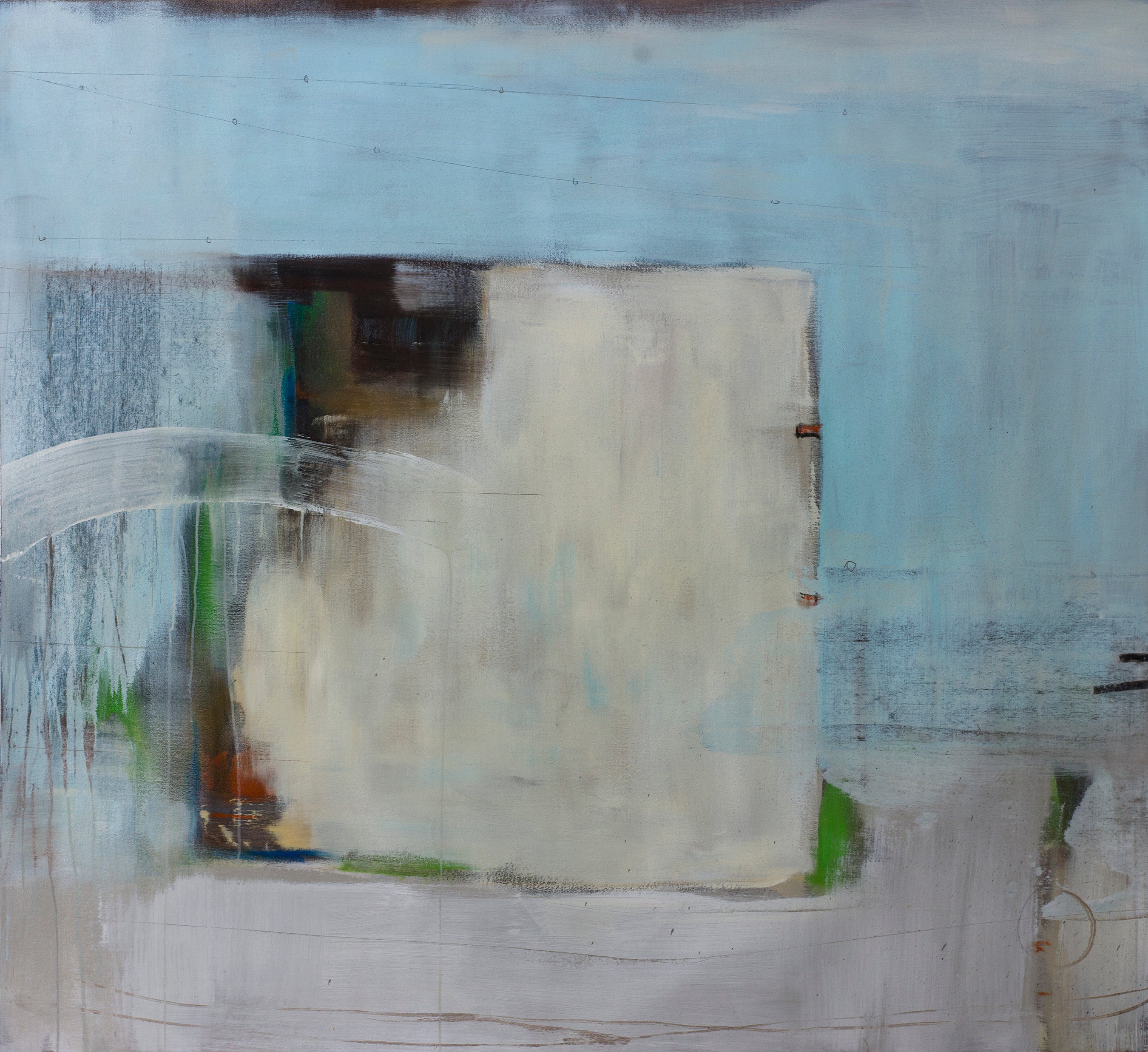 Modern abstract composition with icy blues, greens, and rust tones, blending geometry, texture, and architectural calm.