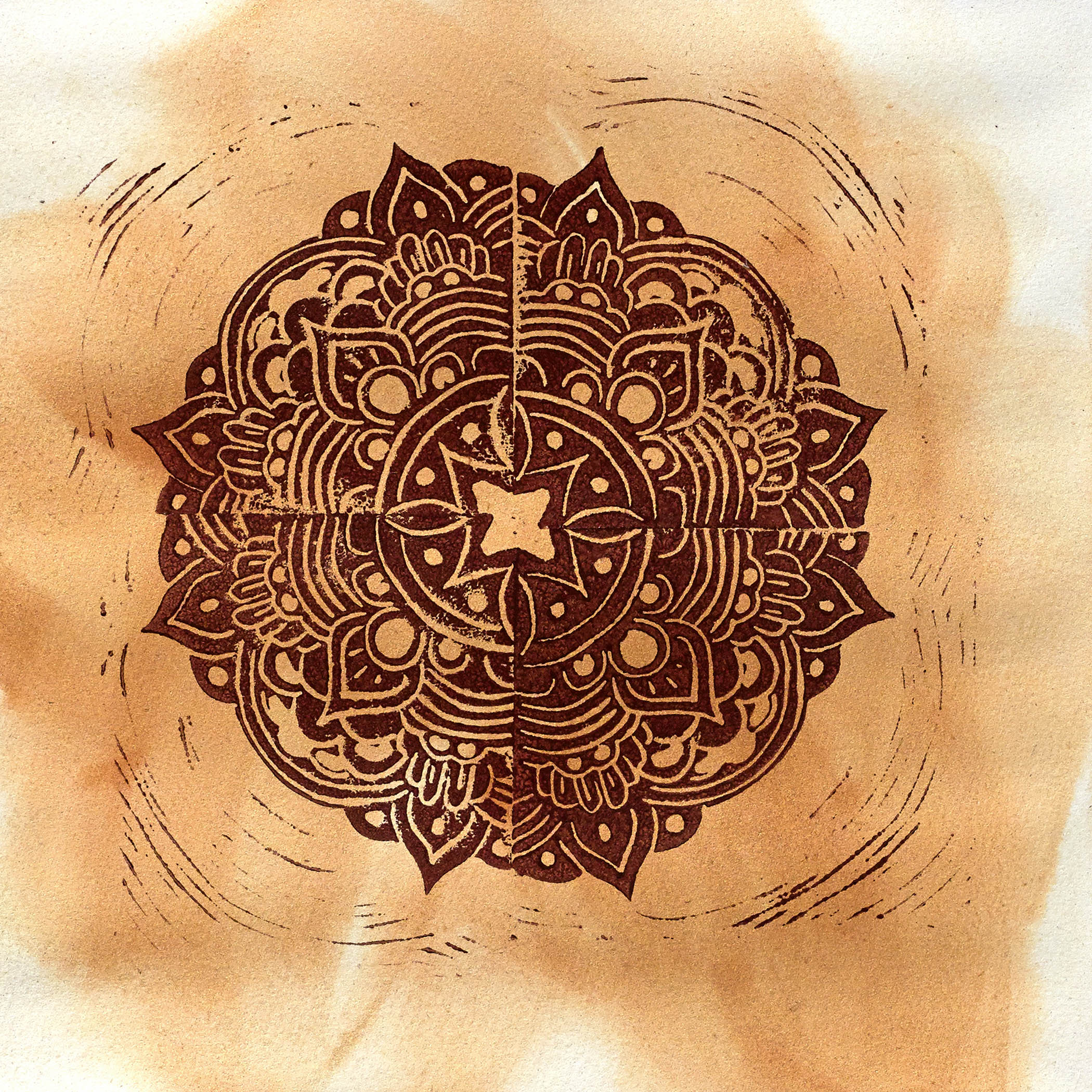 Rust 2597 “Mandala II” – Celestial Rust Ink Mandala on Sun‑Washed Ochre – Bad Dog ...
