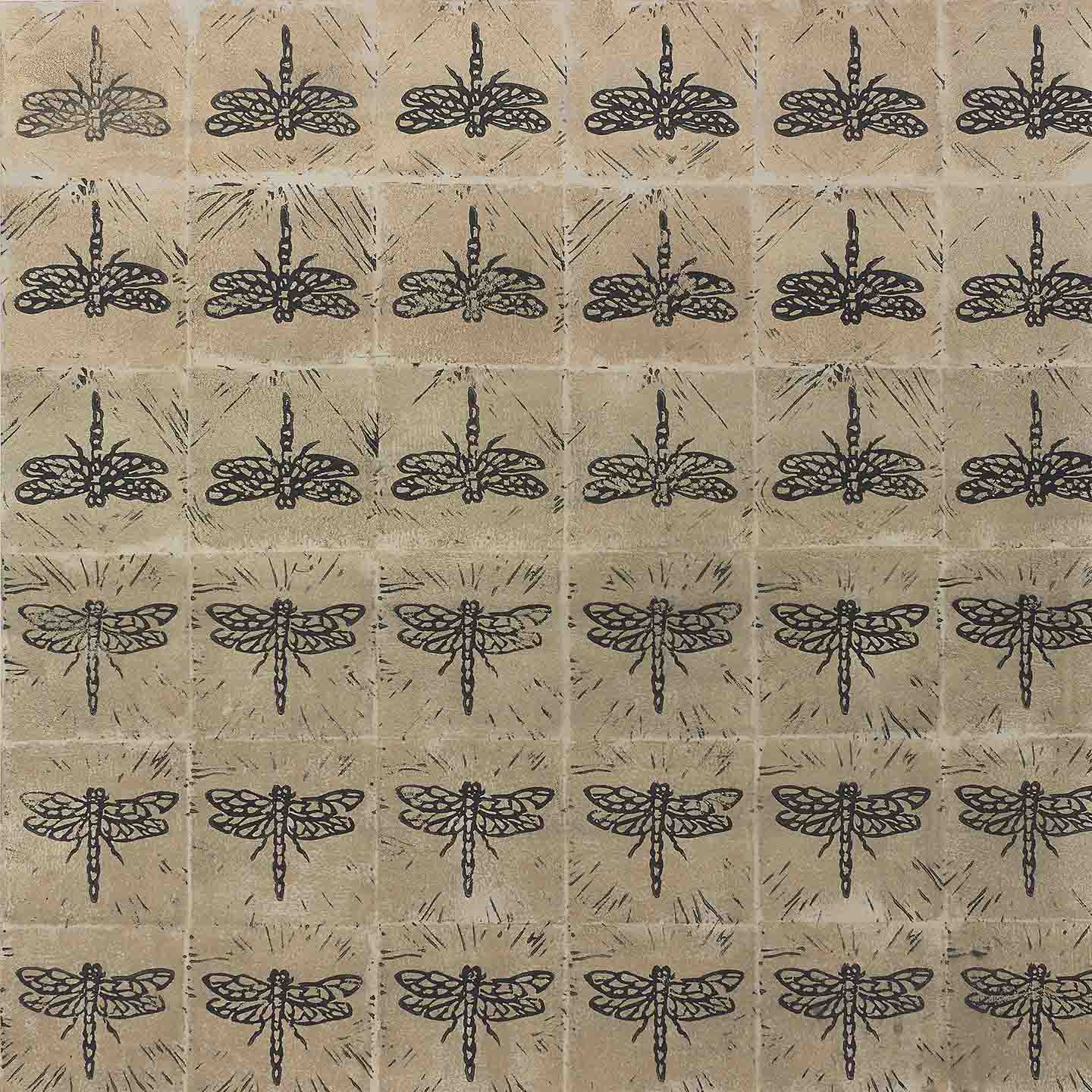 Abstract dragonfly painting with a grid of winged forms on earthy tan, blending natural symbolism, rhythm, and poetic repetition.