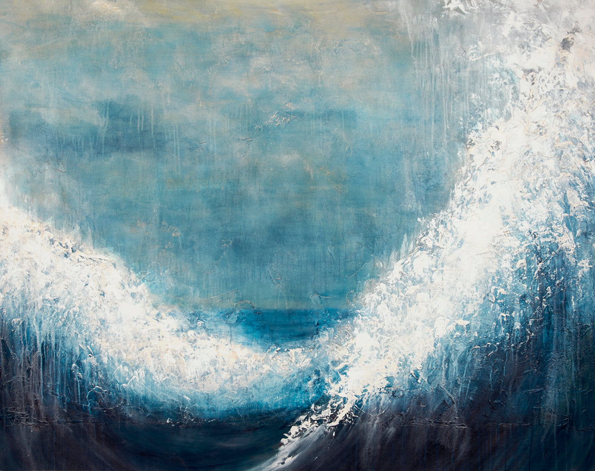 Seascape painting of tidal waves crashing inward with seafoam beneath a storm-washed sky, evoking movement, weight, and stillness.
