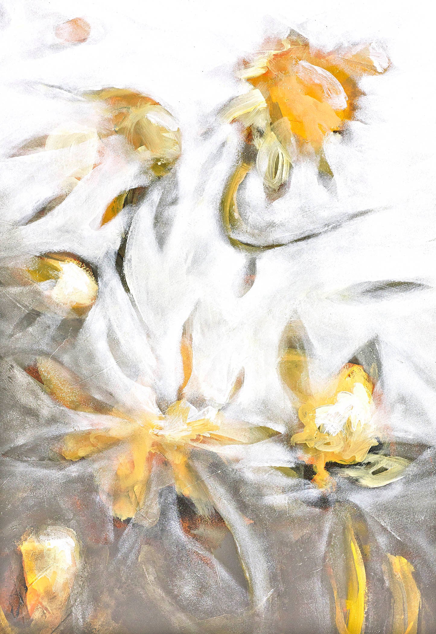 Ethereal floral painting with golden blooms dissolving into soft light and ghost-white air, radiant and timeless in tone.