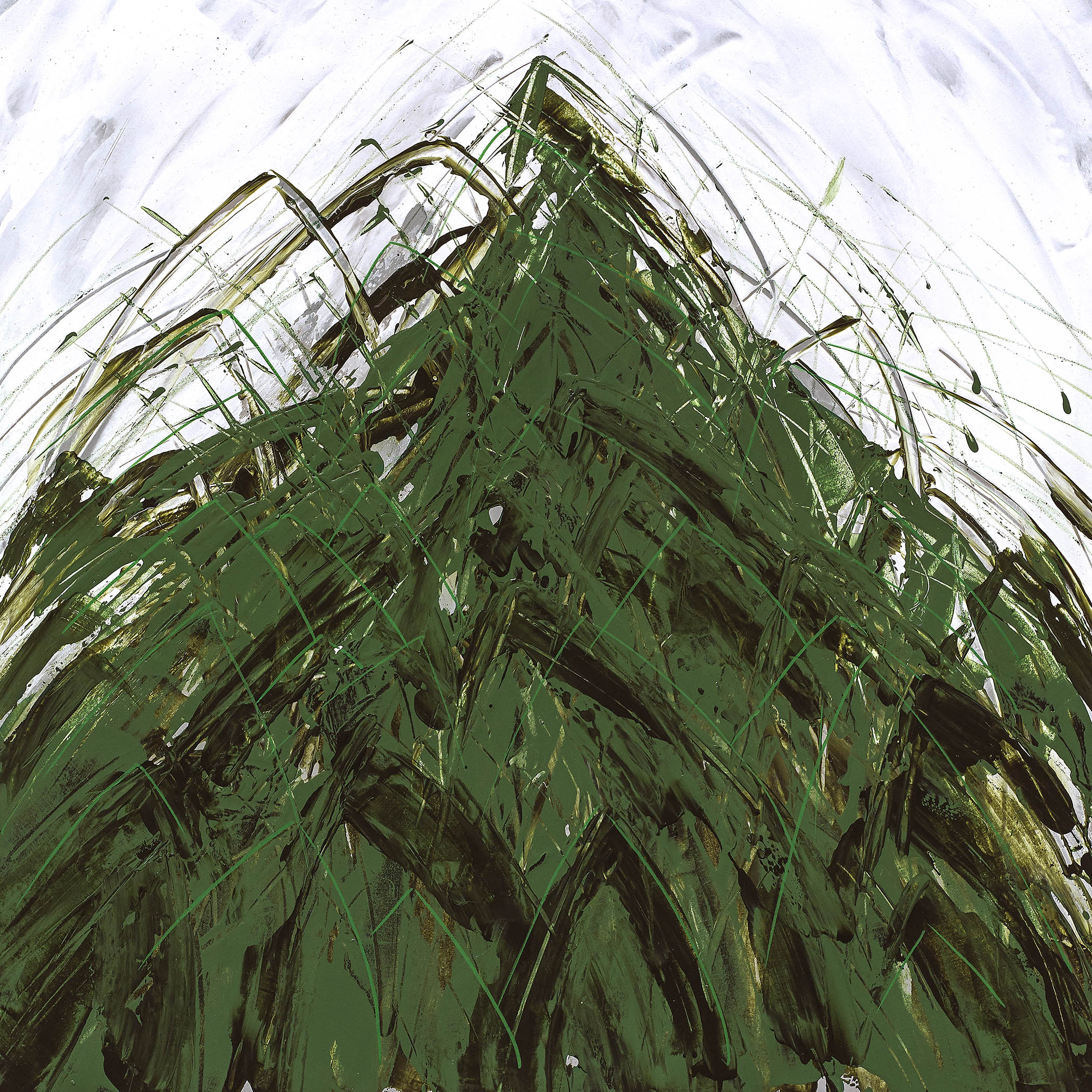 Botanical abstract art with bold emerald strokes, sharp lines, and layered green textures.