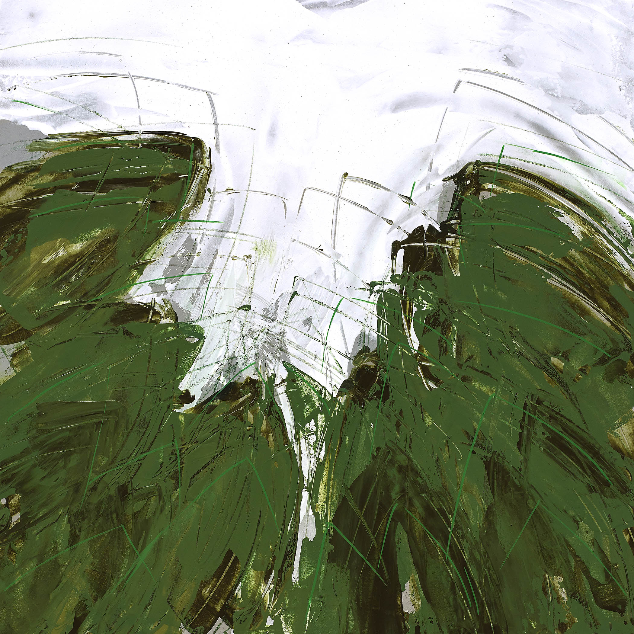 Lush green abstract art with sweeping emerald strokes rising toward a pale sky.