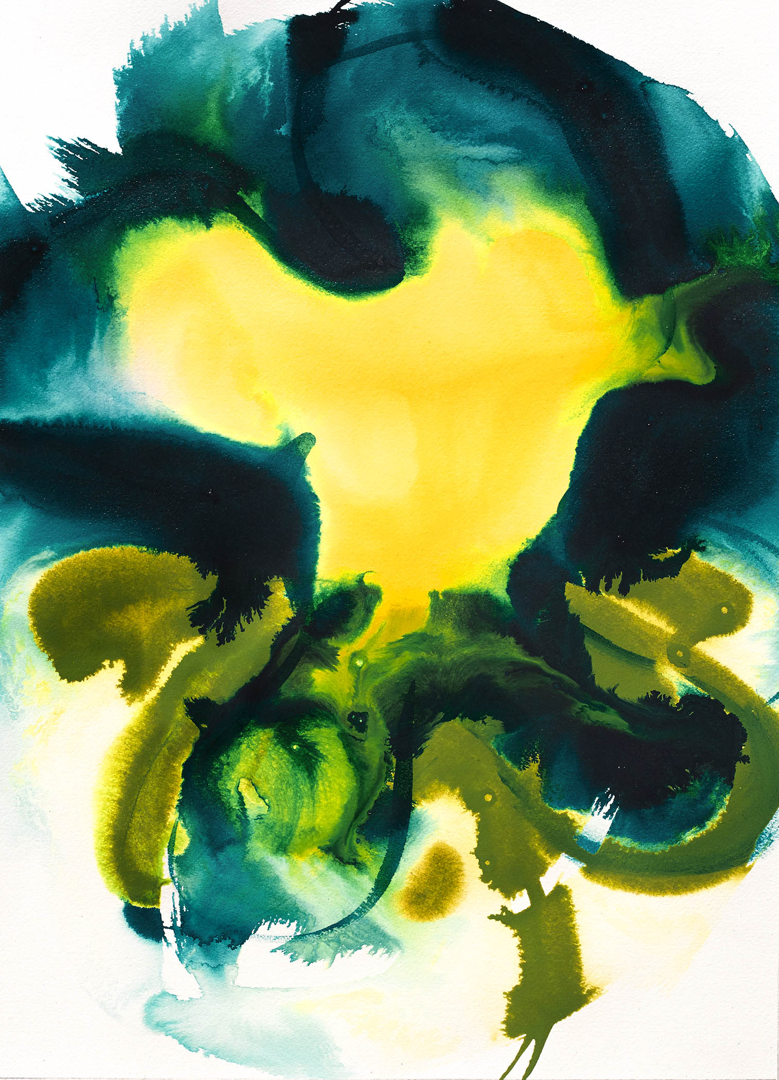 Vibrant watercolor art with a radiant yellow burst blending into emerald, teal, and chartreuse tones in a fluid, energetic composition.
